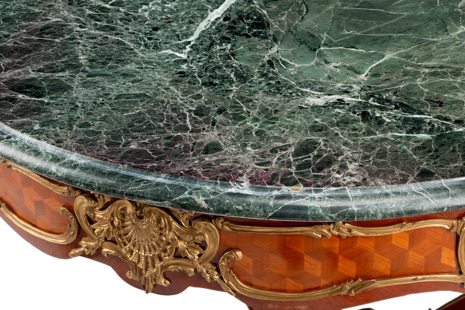 A Louis XV Style Gilt Bronze Mounted Parquetry Marble-Top Center Table