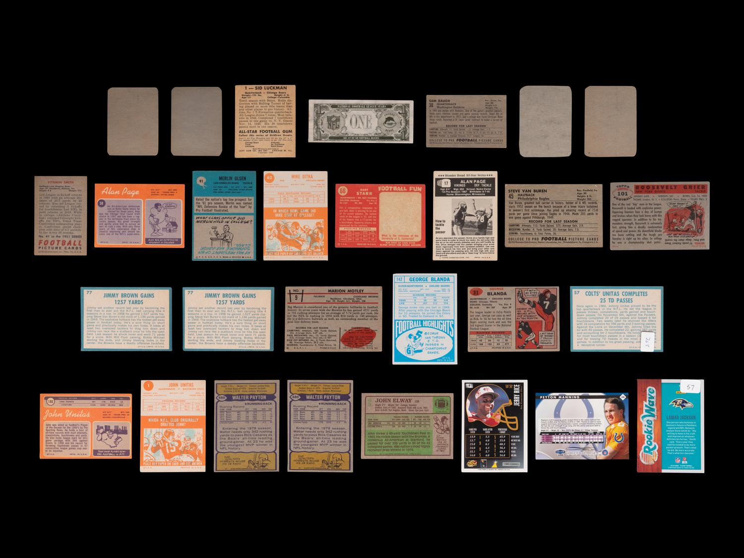 A Group of 27 Assorted Football Hall of Fame Football Cards (Including John Elway, Sid Luckman and Merlin Olsen Rookies),