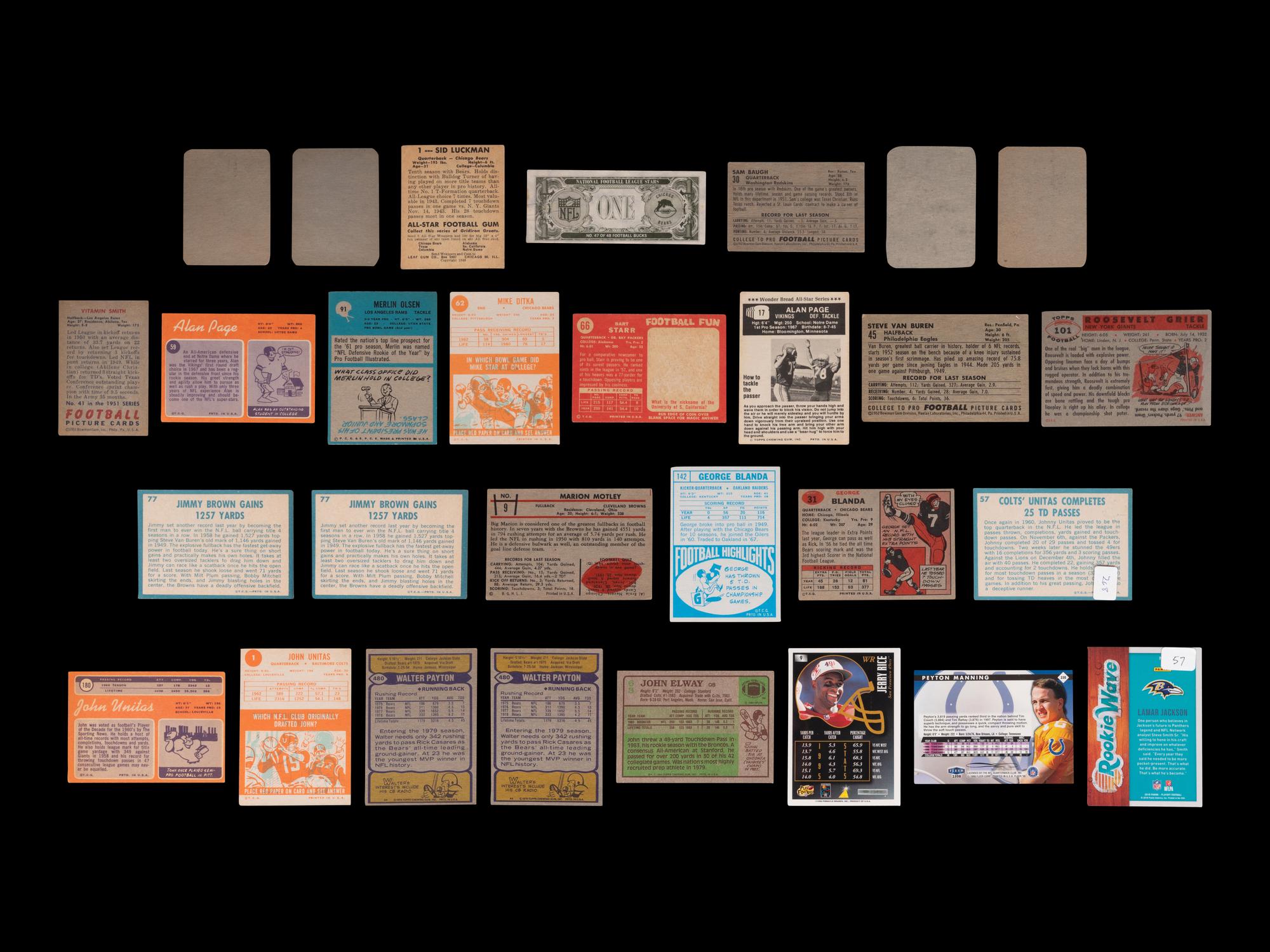 A Group of 27 Assorted Football Hall of Fame Football Cards (Including John Elway, Sid Luckman and Merlin Olsen Rookies),
