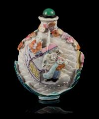 A Finely Molded Famille Rose Porcelain Snuff Bottle Height 2 1/8 inches. — QIANLONG PERIOD (1736-1795)