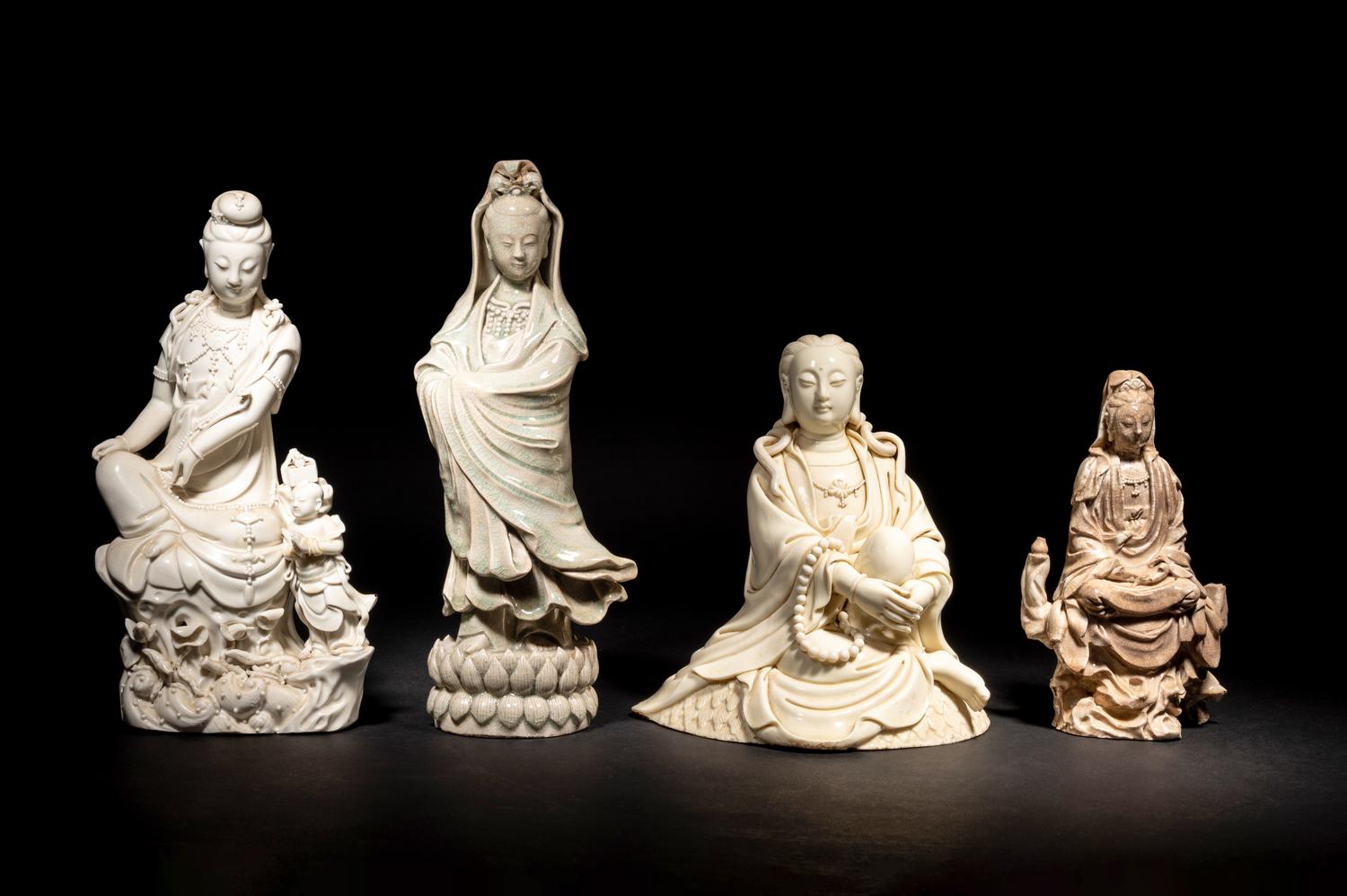 Four Chinese Blanc-de-Chine Porcelain Figures of Guanyin
