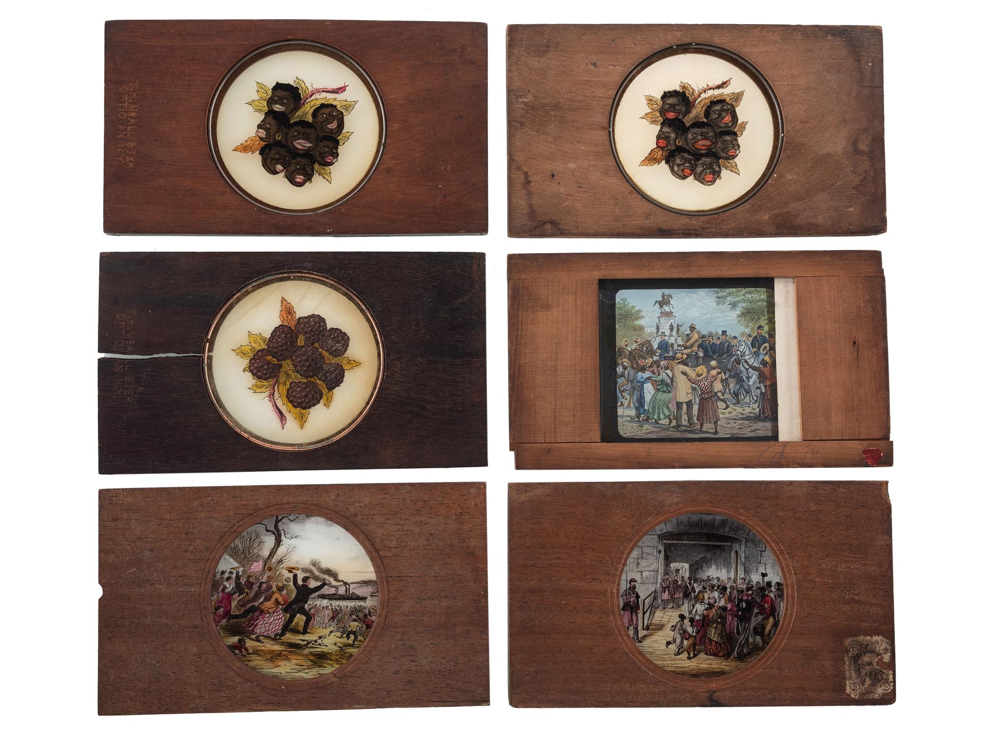 [CIVIL WAR - MAGIC LANTERN SLIDES]. A collection of magic lantern slides depicting enslaved people, Civil War battles, and caricatures, including: