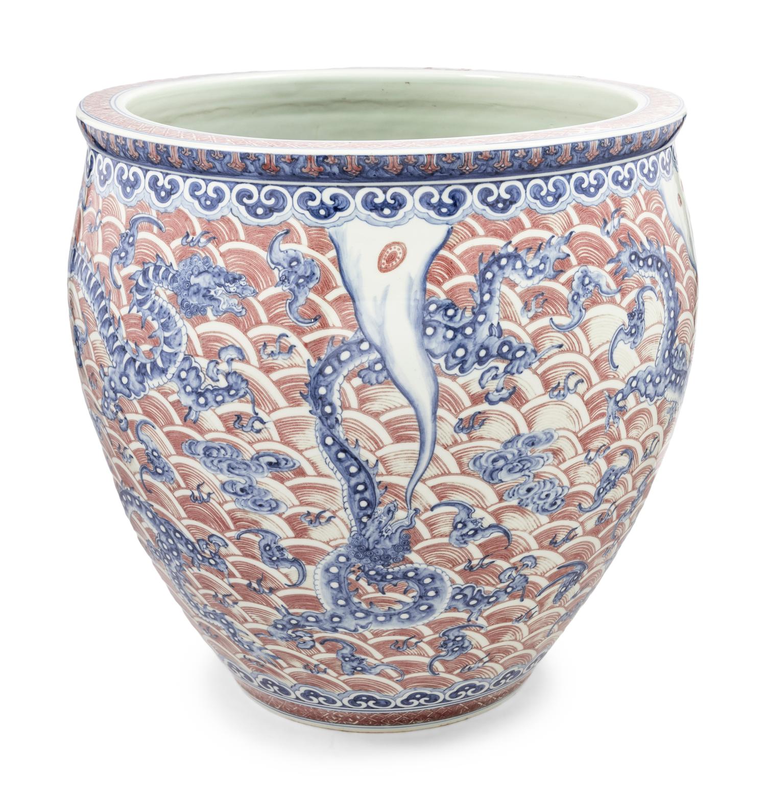 A Large Copper Red and Underglaze Blue Porcelain Fish Bowl