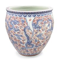 A Large Copper Red and Underglaze Blue Porcelain Fish Bowl