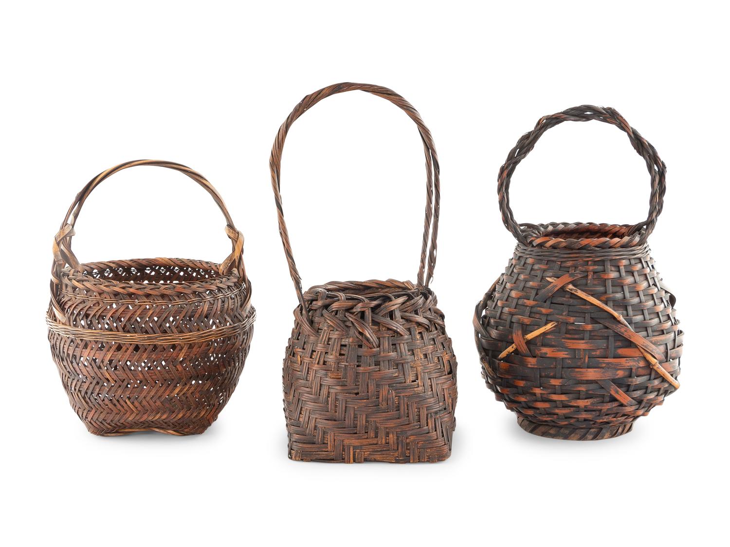 Three Japanese Bamboo Ikebana Baskets [Basket pictured far right to be returned to client; not included in donation group]
