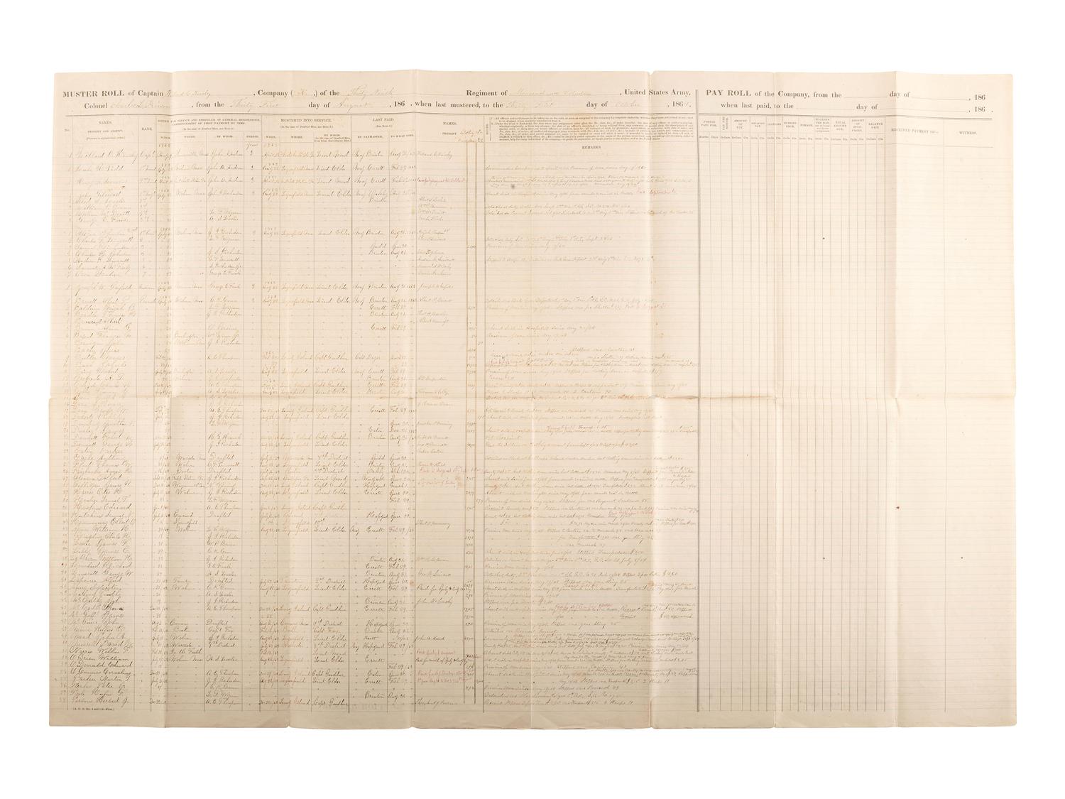[CIVIL WAR]. A group of 3 Union muster rolls representing the 50th New York Engineers, 10th New York Infantry, and 39th Massachusetts Volunteer Infantry.