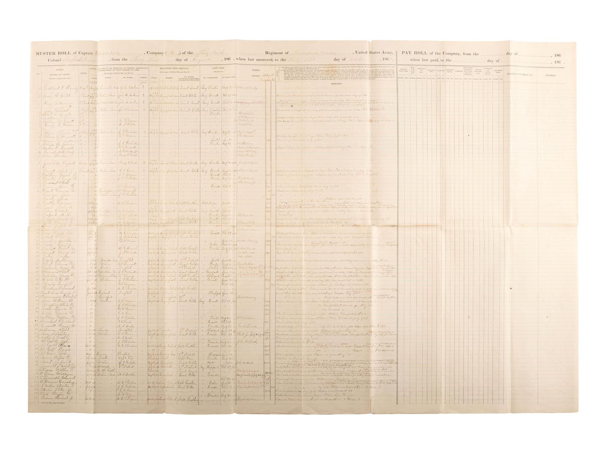 [CIVIL WAR]. A group of 3 Union muster rolls representing the 50th New York Engineers, 10th New York Infantry, and 39th Massachusetts Volunteer Infantry.