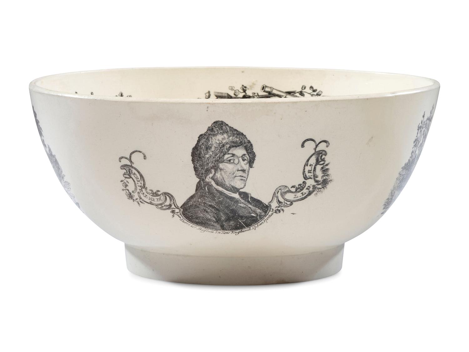 A Liverpool Transfer-Printed Creamware Punch Bowl with George Washington and Benjamin Franklin