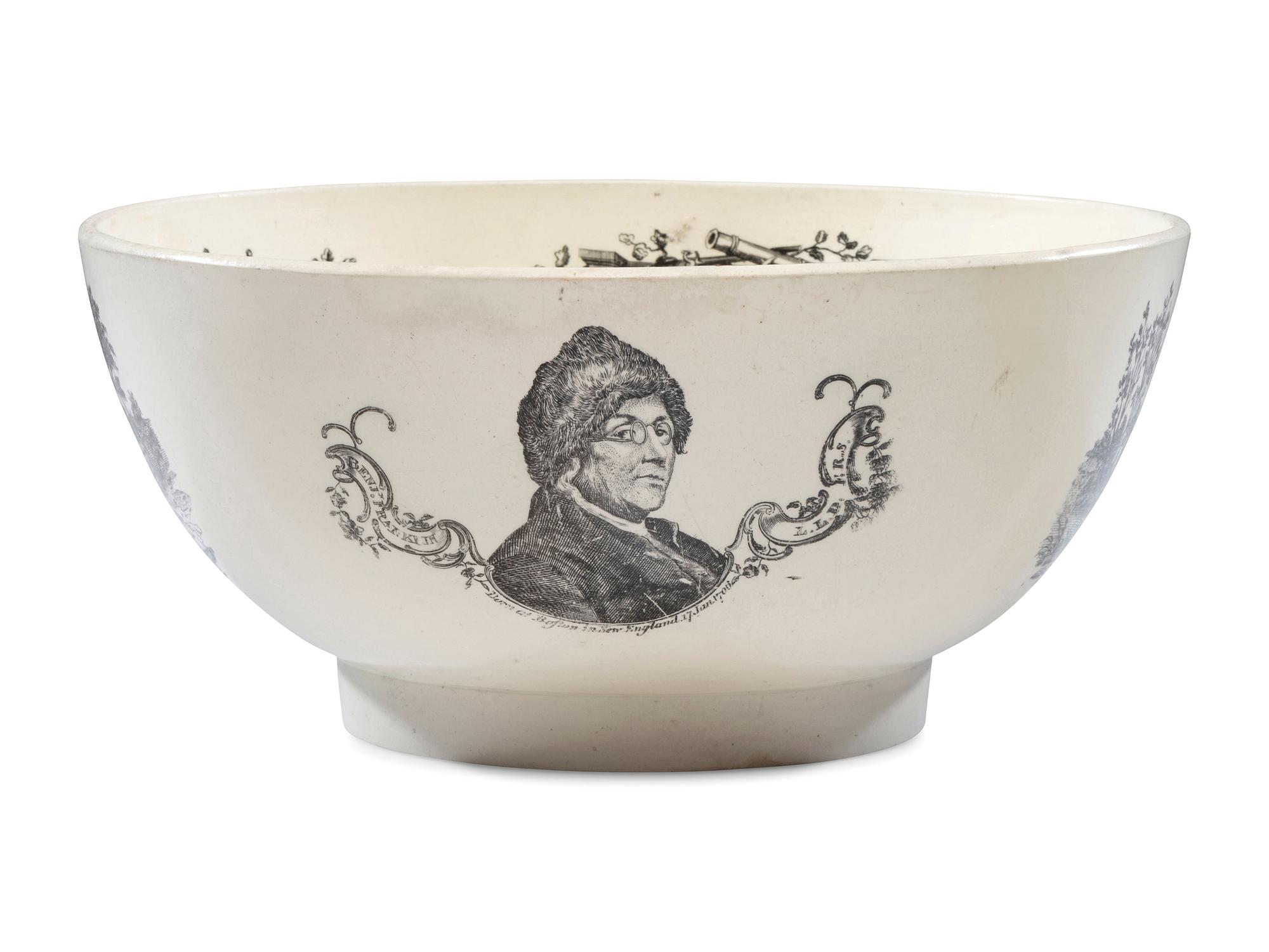 A Liverpool Transfer-Printed Creamware Punch Bowl with George Washington and Benjamin Franklin
