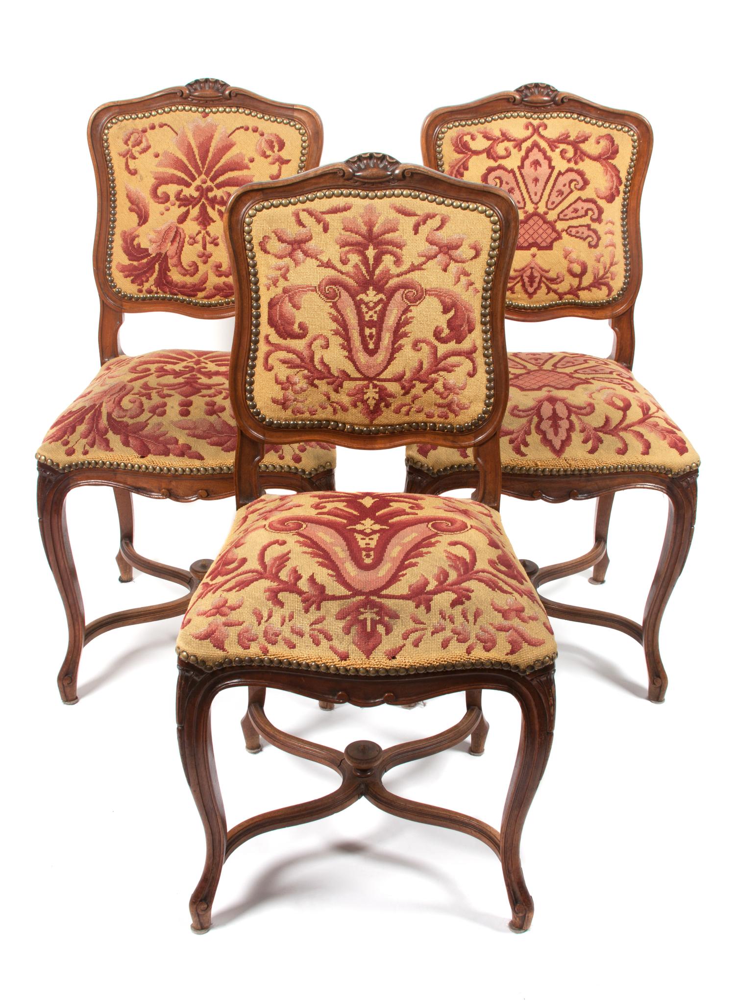 A Set of Five Louis XV Style Side Chairs Height 36 1/2 inches.