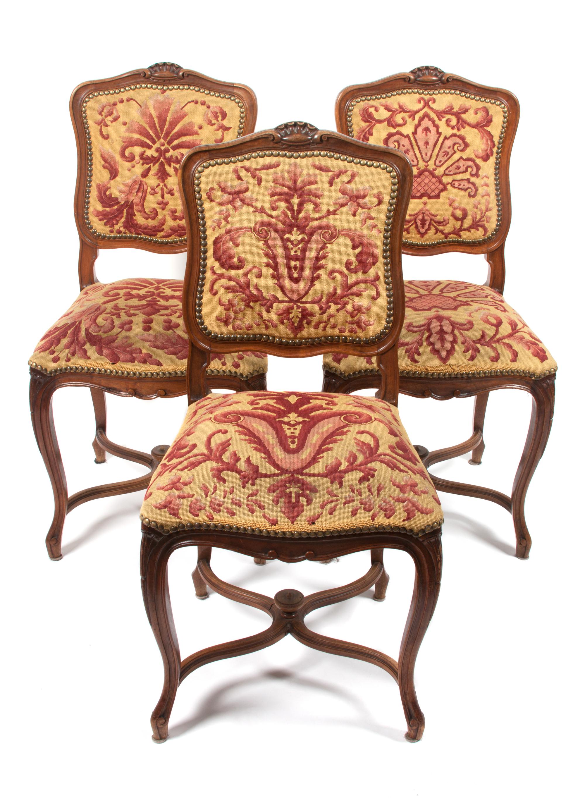 A Set of Five Louis XV Style Side Chairs Height 36 1/2 inches.