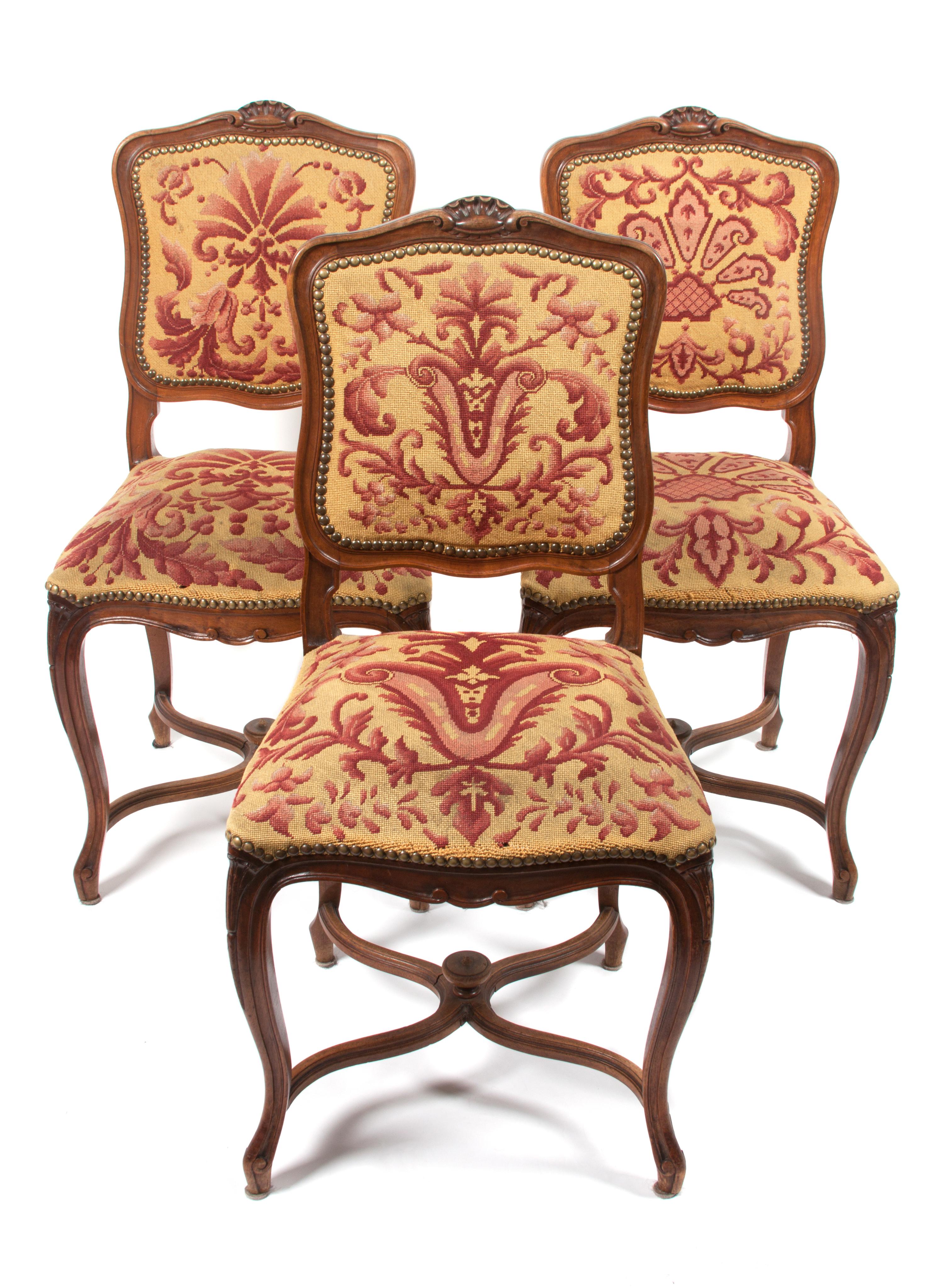 A Set of Five Louis XV Style Side Chairs Height 36 1/2 inches.