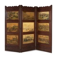 A Lithograph-Inset Carved Oak Three-Panel Floor Screen