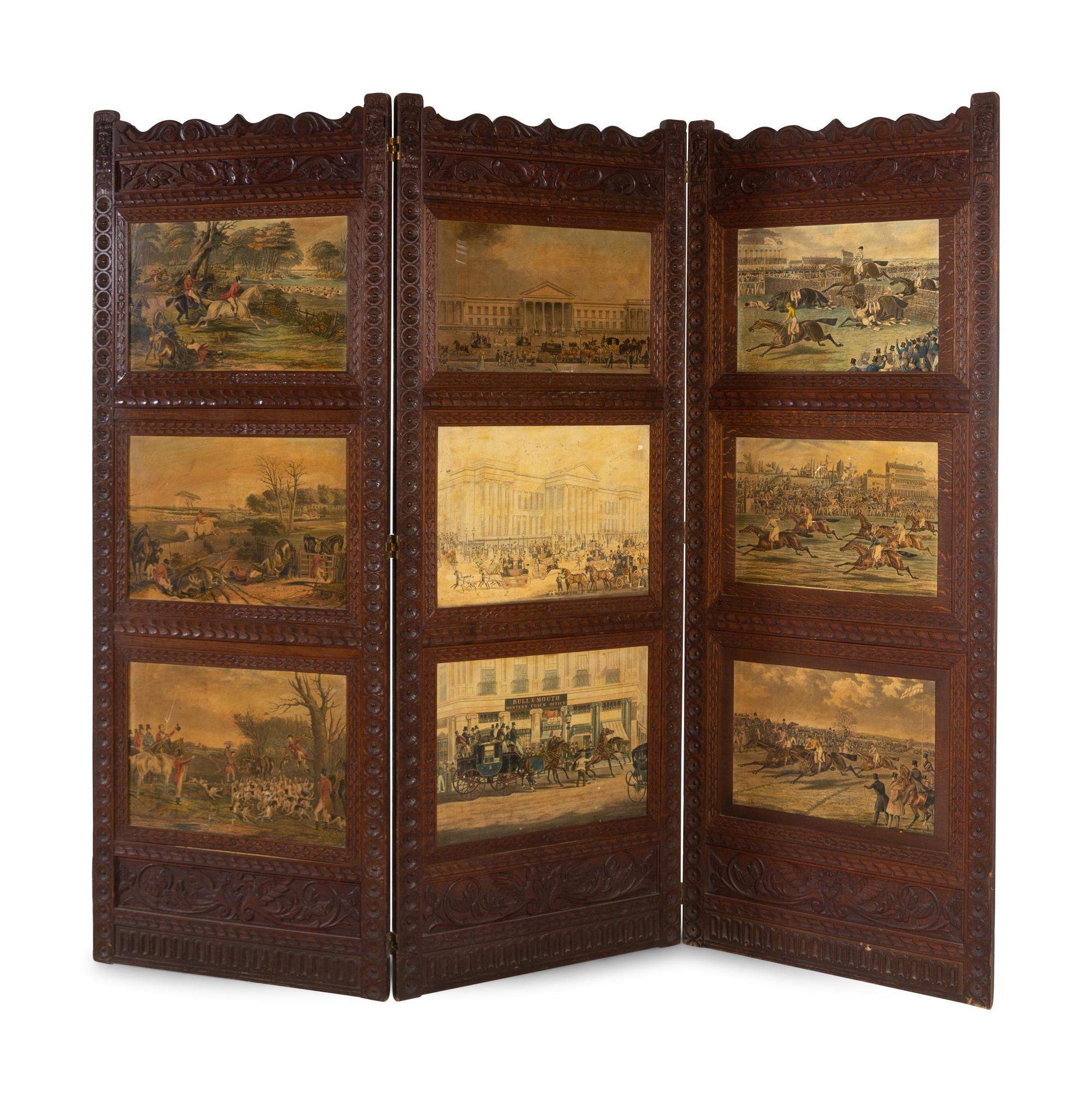 A Lithograph-Inset Carved Oak Three-Panel Floor Screen