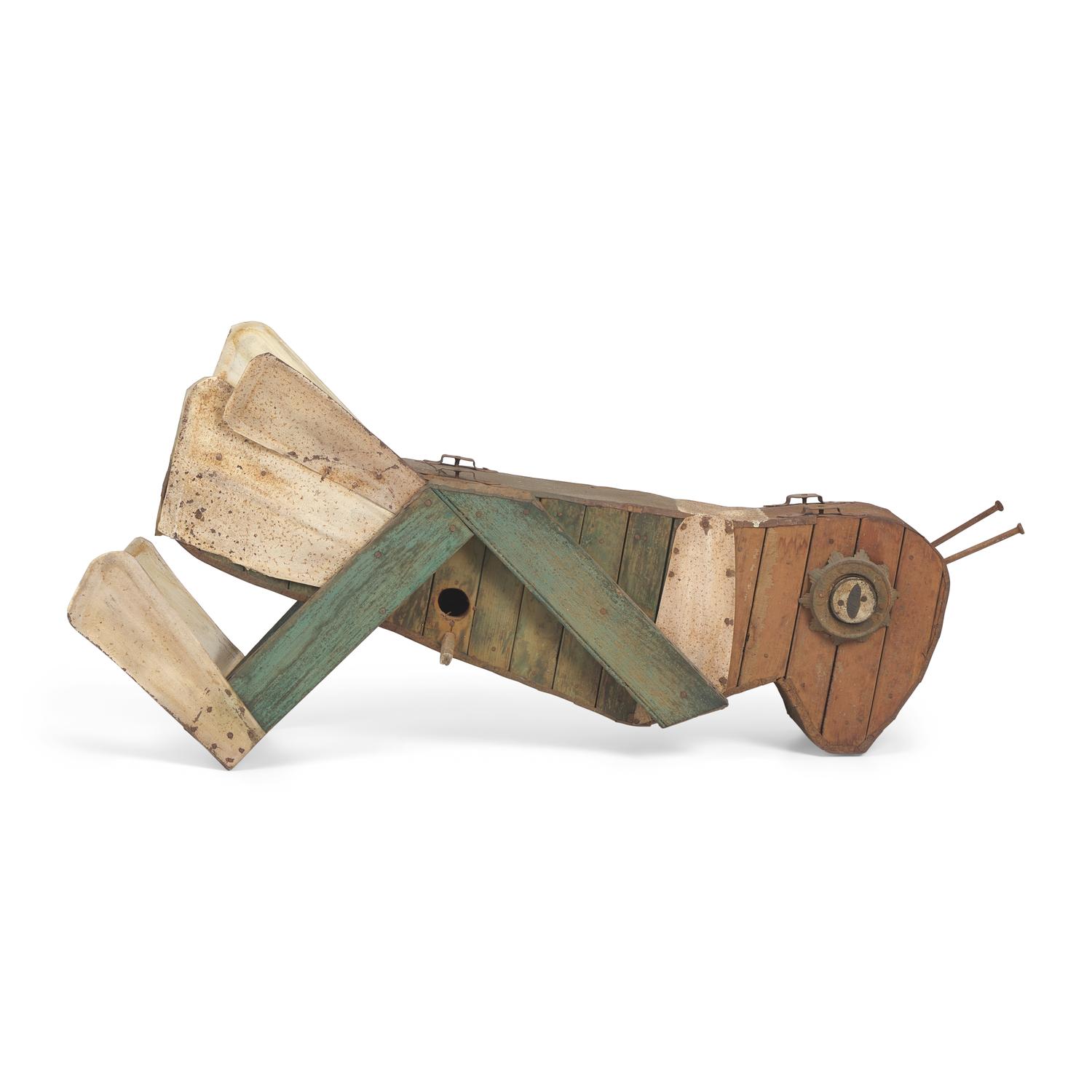 A Found Object Grasshopper-Form Bird House
