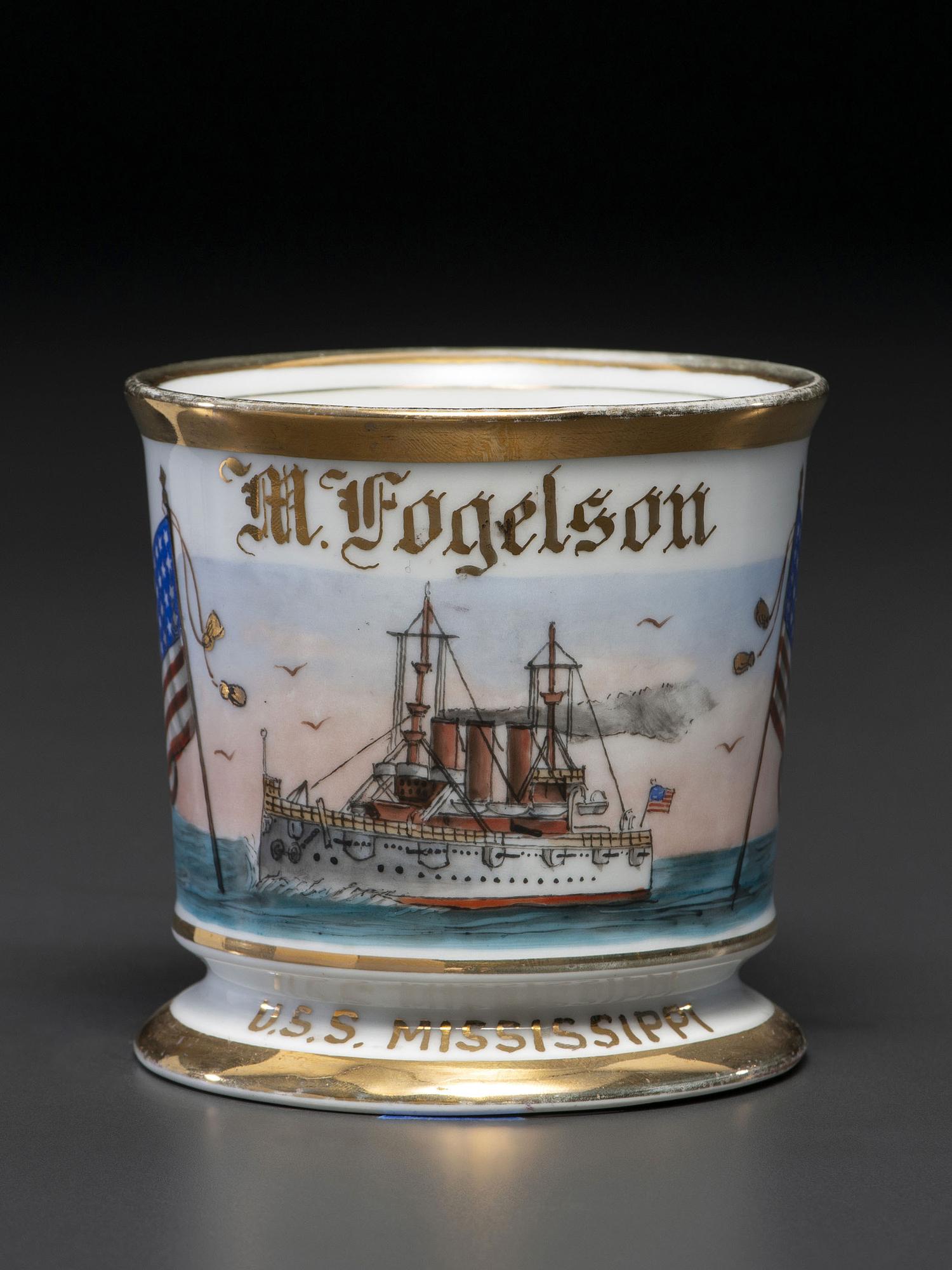 A Patriotic Porcelain Shaving Mug Depicting the U.S.S. Mississippi