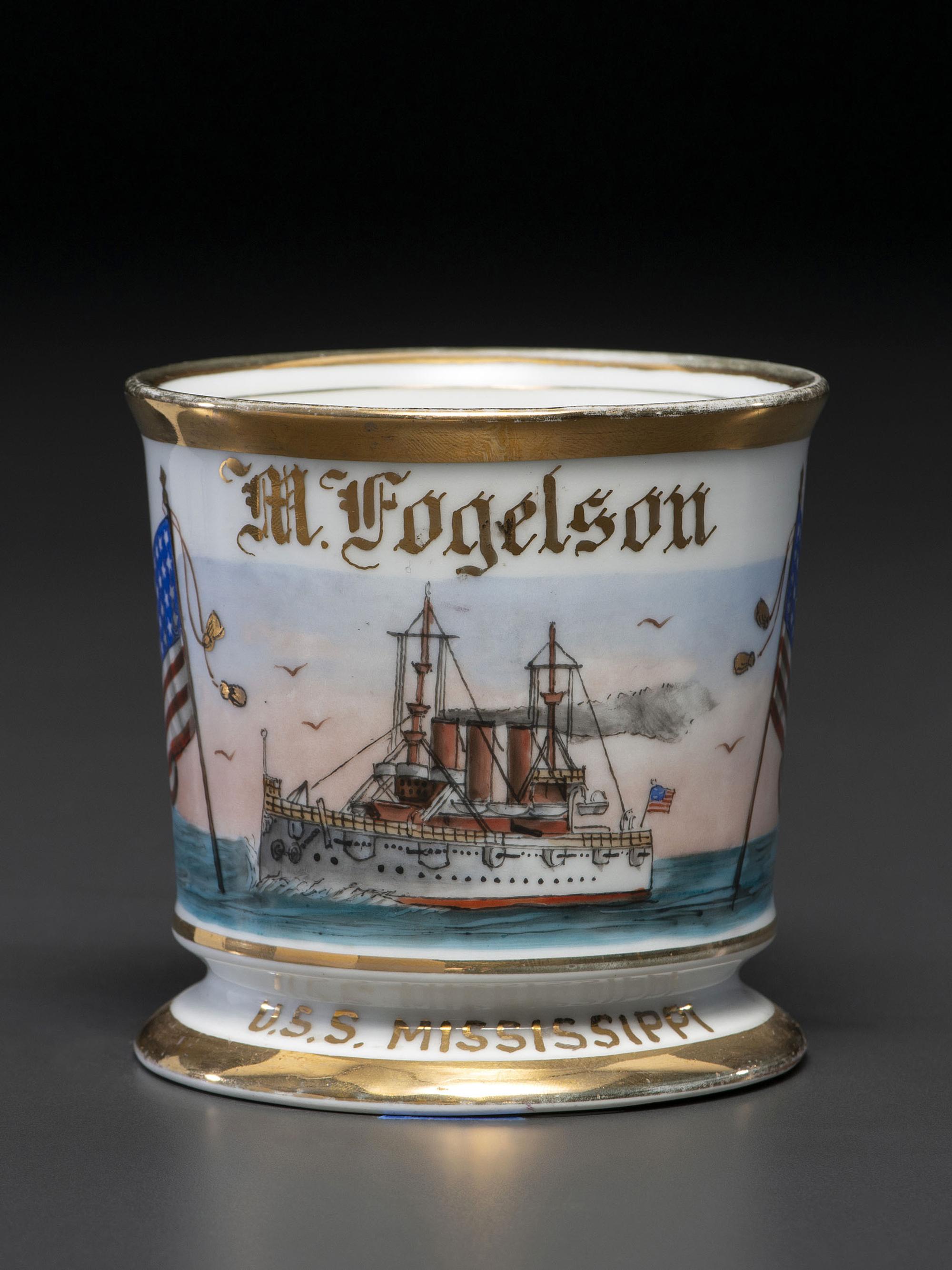 A Patriotic Porcelain Shaving Mug Depicting the U.S.S. Mississippi