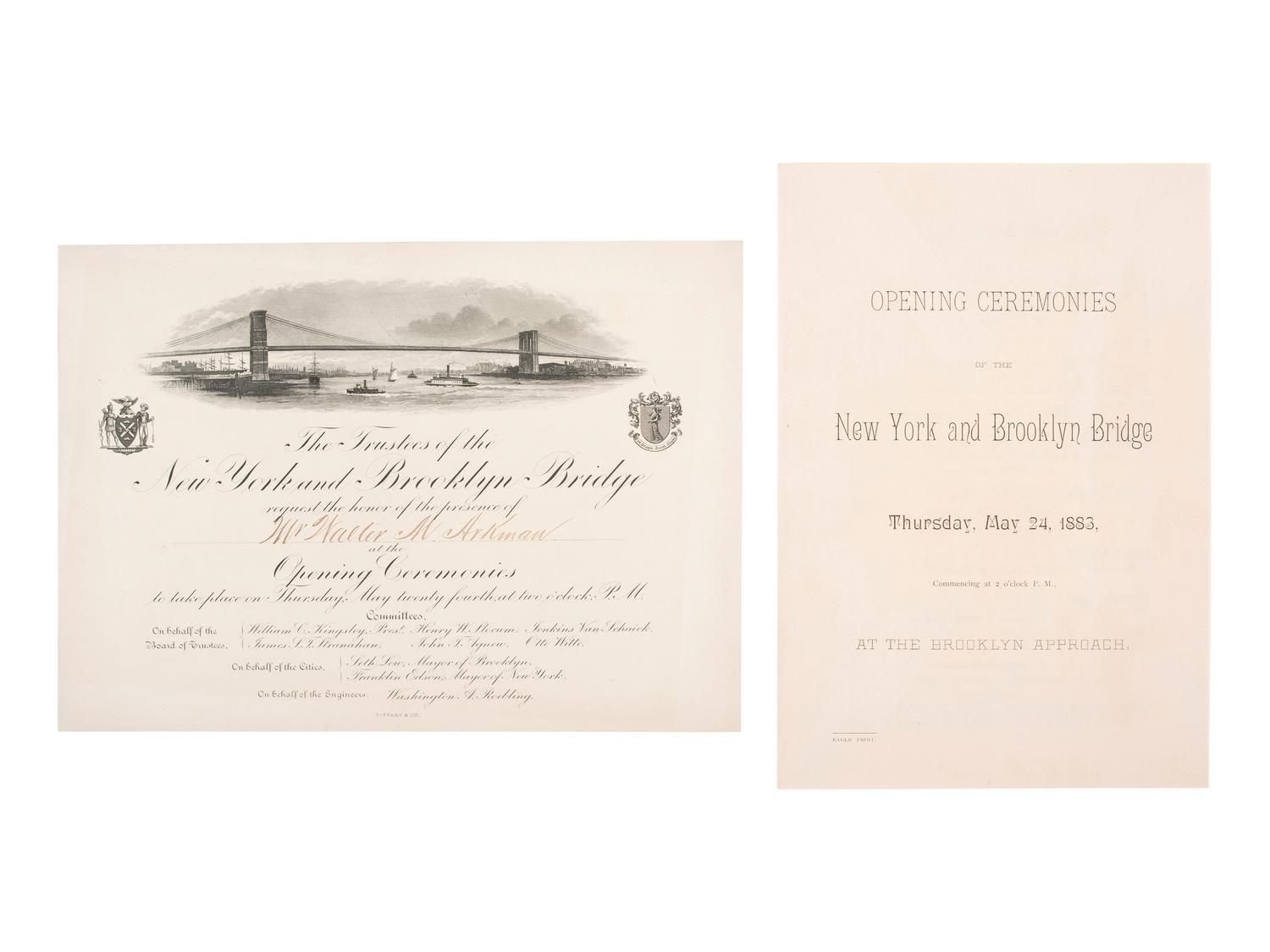 [NEW YORK]. Archive related to Walter M. Aikman incl. program and formal invitation to the "Opening Ceremonies of the New York and Brooklyn Bridge." New York: Tiffany & Co., [1883].