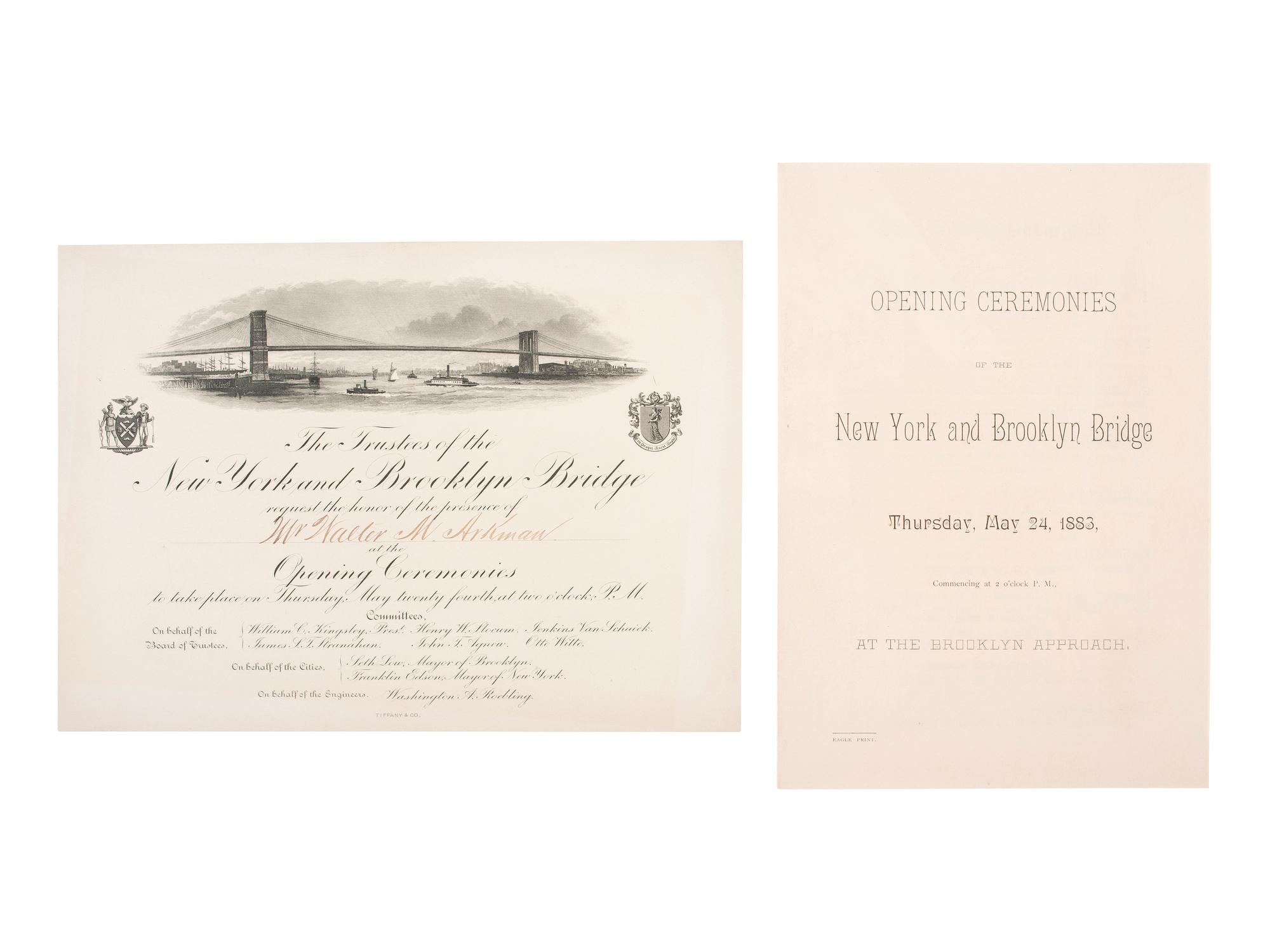 [NEW YORK]. Archive related to Walter M. Aikman incl. program and formal invitation to the "Opening Ceremonies of the New York and Brooklyn Bridge." New York: Tiffany & Co., [1883].