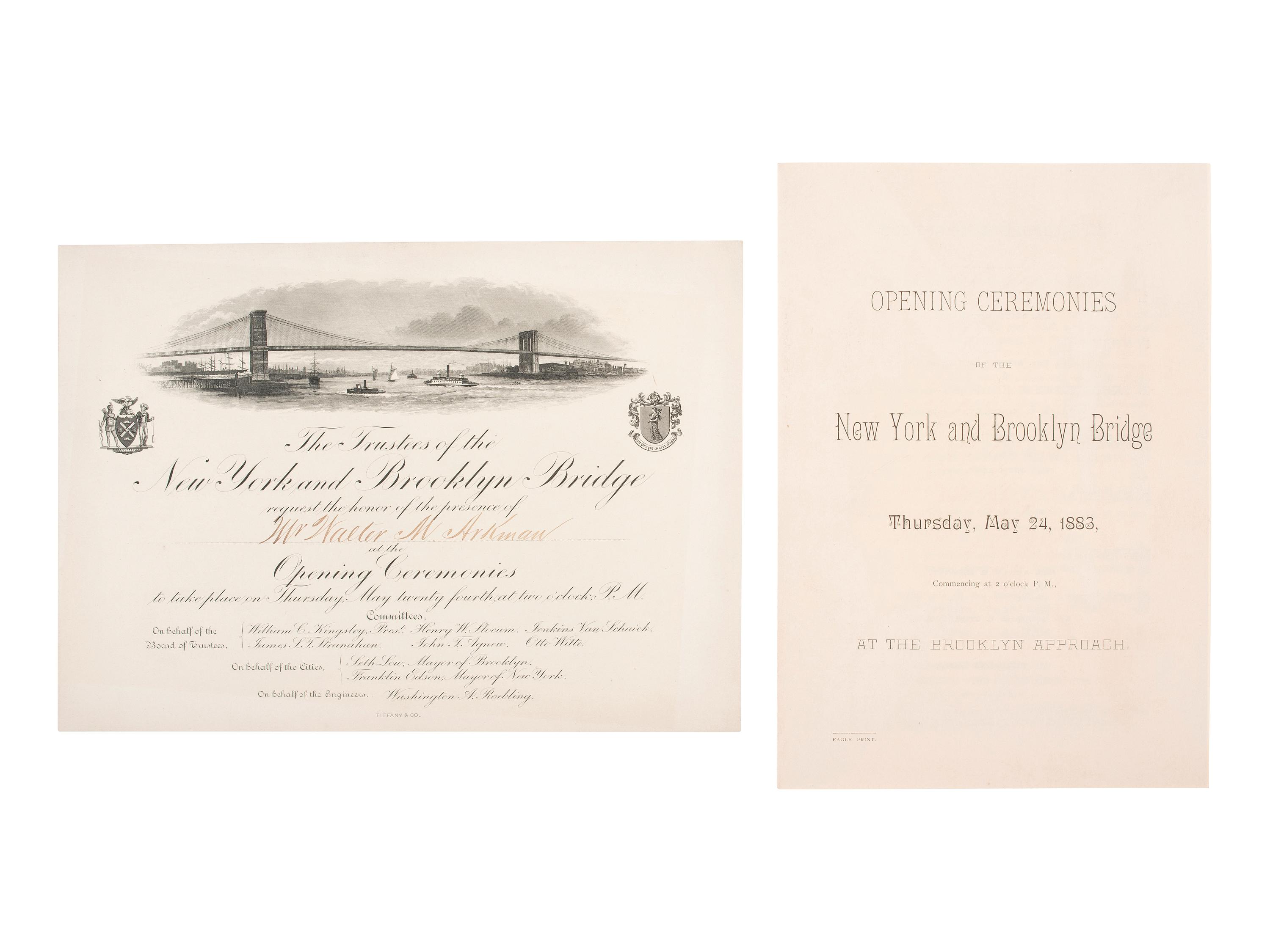 [NEW YORK]. Archive related to Walter M. Aikman incl. program and formal invitation to the "Opening Ceremonies of the New York and Brooklyn Bridge." New York: Tiffany & Co., [1883].