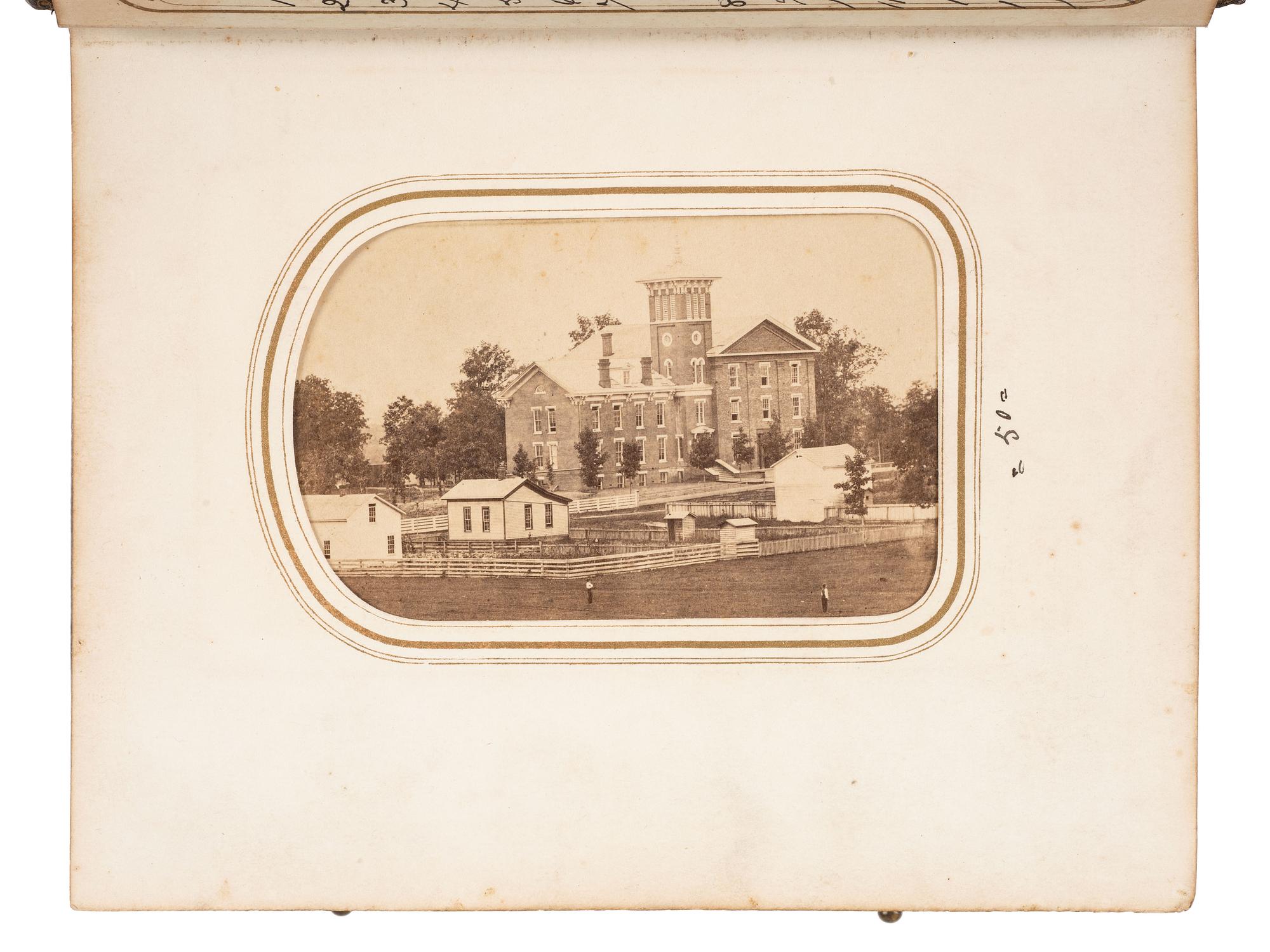 [CIVIL WAR - EARLY PHOTOGRAPHY]. Indiana CDV album featuring Civil War soldiers and a campus view of Valparaiso University.
