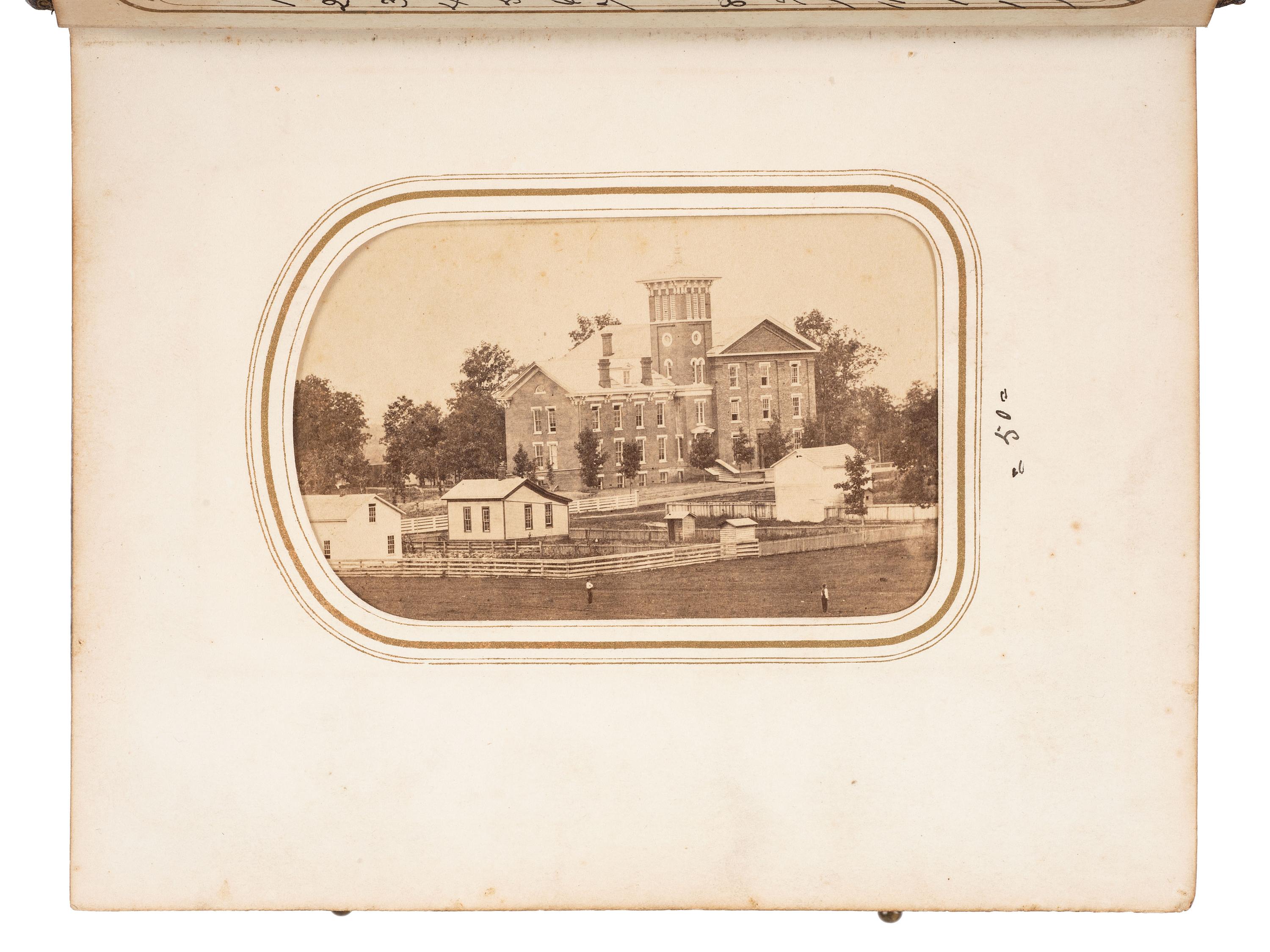 [CIVIL WAR - EARLY PHOTOGRAPHY]. Indiana CDV album featuring Civil War soldiers and a campus view of Valparaiso University.