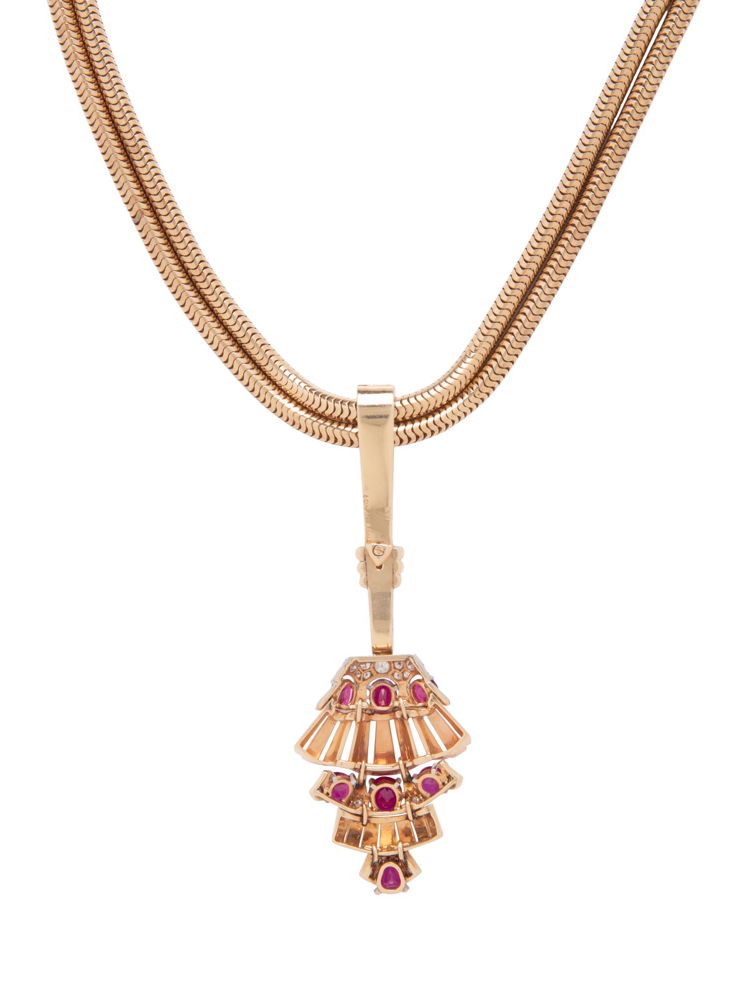 TIFFANY & CO., RETRO, RUBY AND DIAMOND PENDANT WITH GOLD CHAIN