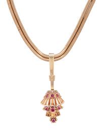 TIFFANY & CO., RETRO, RUBY AND DIAMOND PENDANT WITH GOLD CHAIN