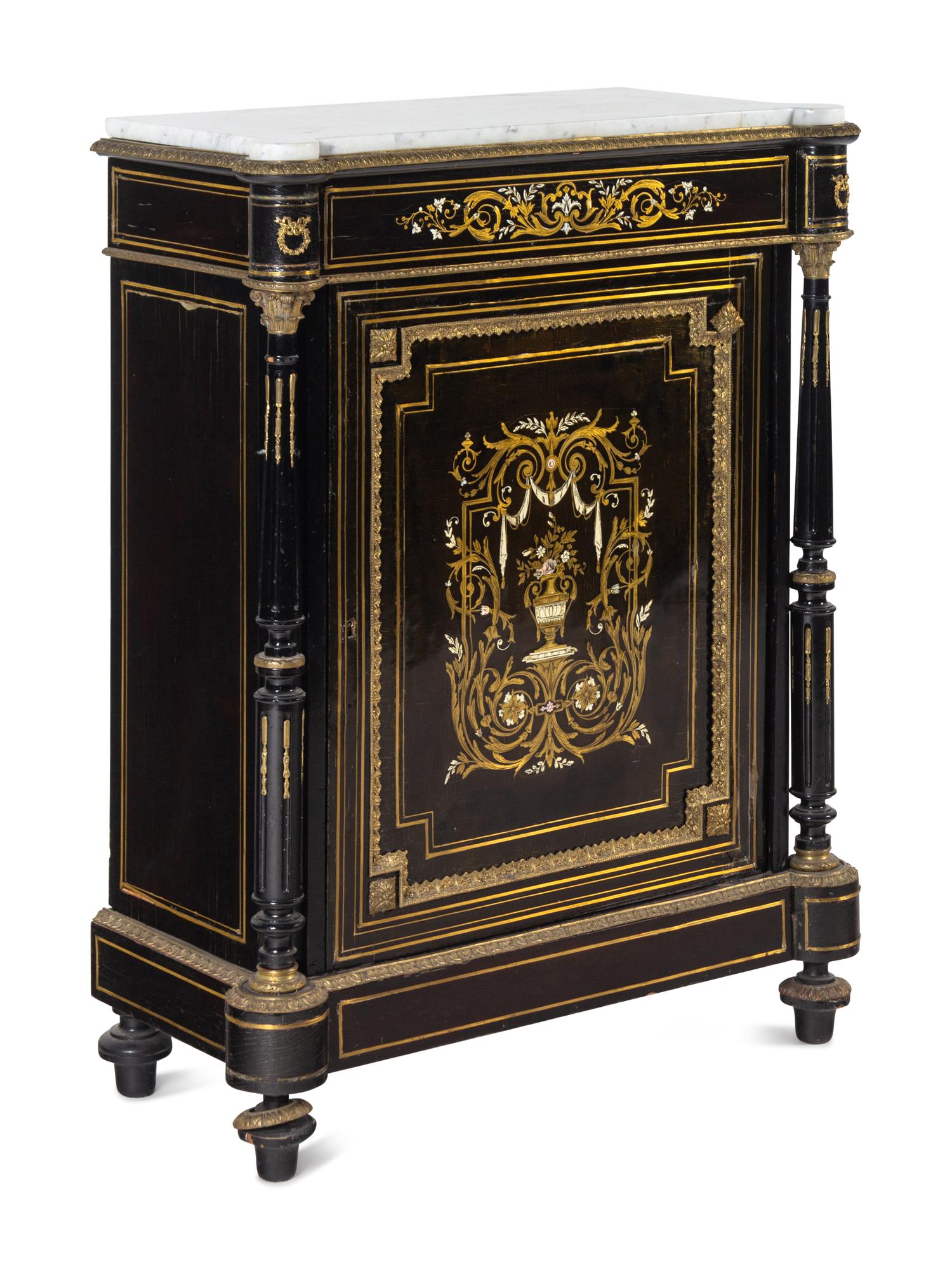 A Napoleon III Pewter and Brass-Inlaid Boulle Marquetry Marble-Top Cabinet