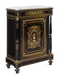 A Napoleon III Pewter and Brass-Inlaid Boulle Marquetry Marble-Top Cabinet