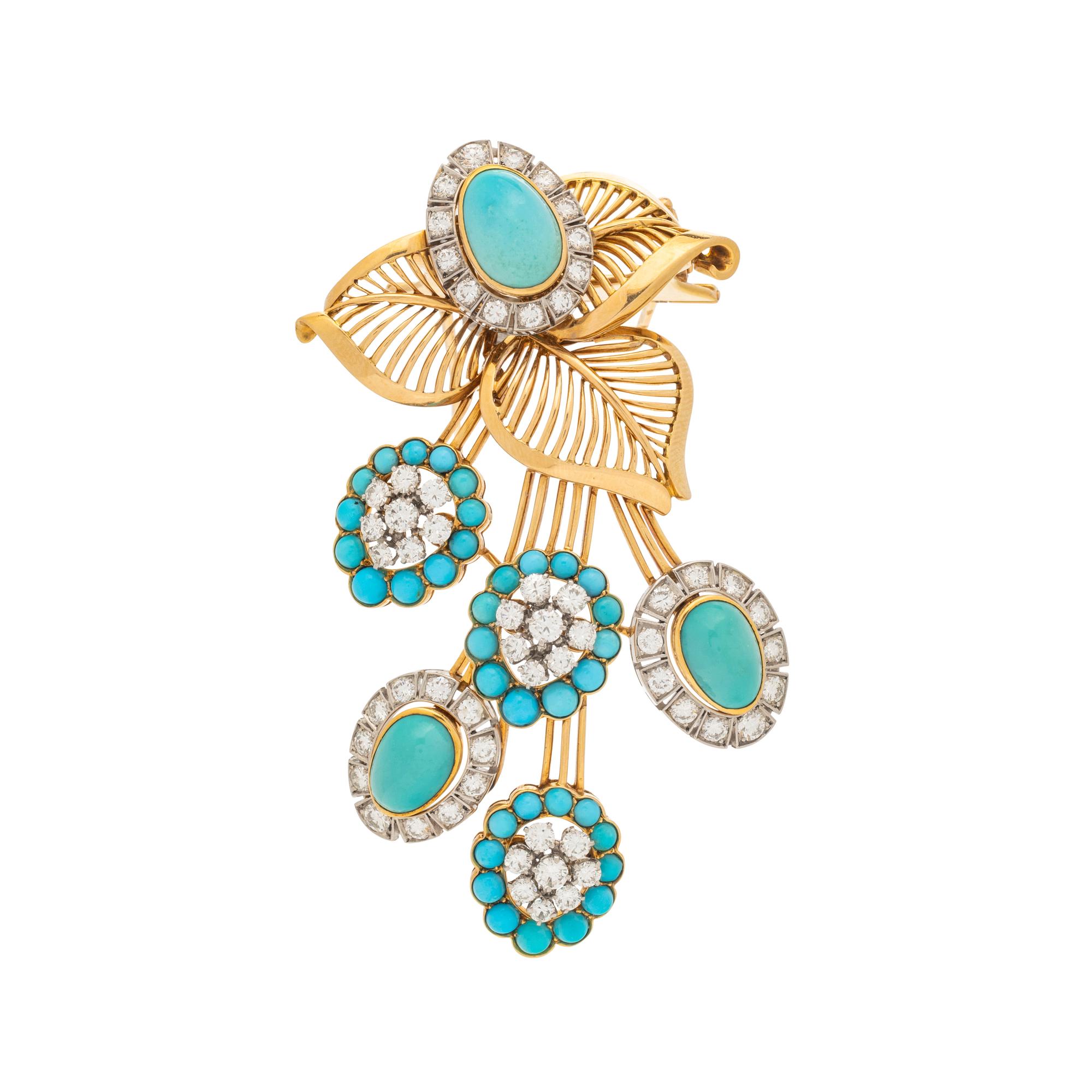 FRENCH, RETRO, YELLOW GOLD, TURQUOISE AND DIAMOND BROOCH