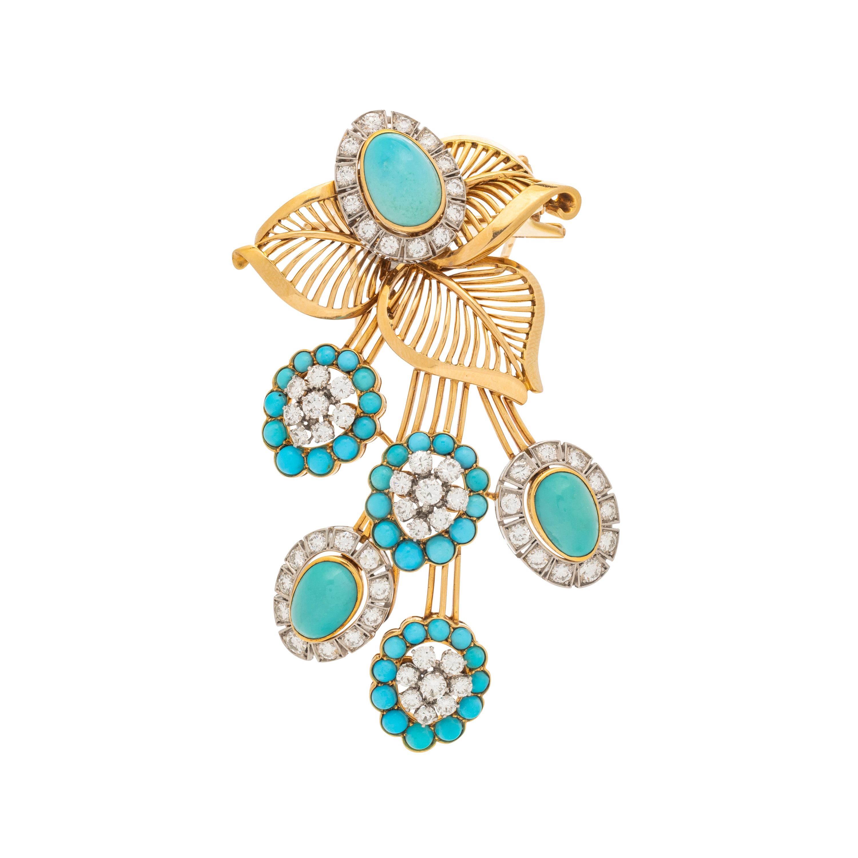 FRENCH, RETRO, YELLOW GOLD, TURQUOISE AND DIAMOND BROOCH