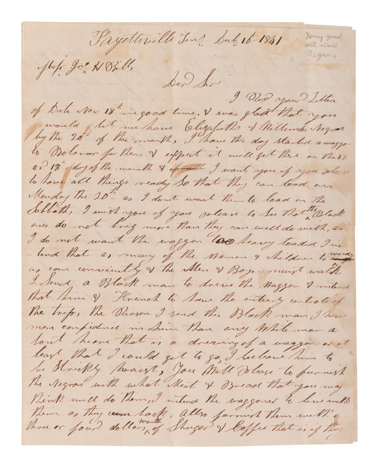 [ENSLAVEMENT]. Letter directing conveyance of slaves via wagon driven by a "Black man." TN, 1841.