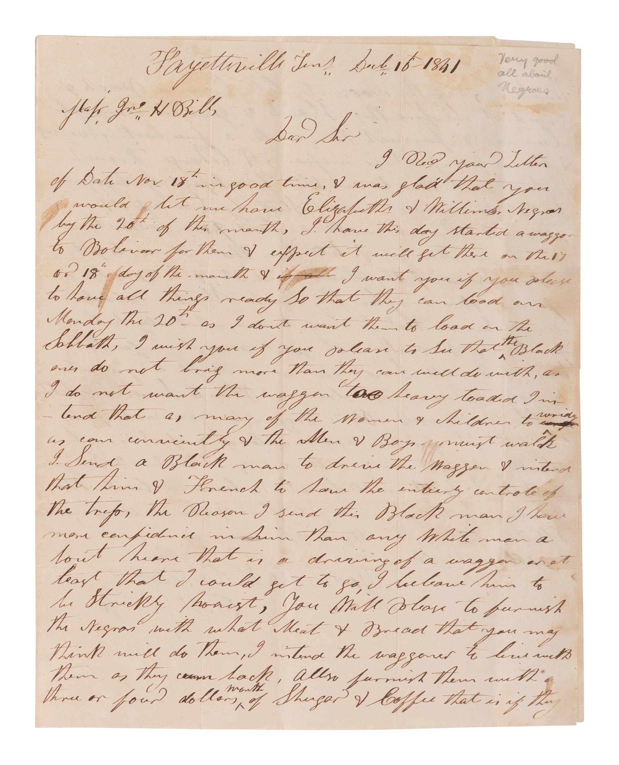 [ENSLAVEMENT]. Letter directing conveyance of slaves via wagon driven by a "Black man." TN, 1841.