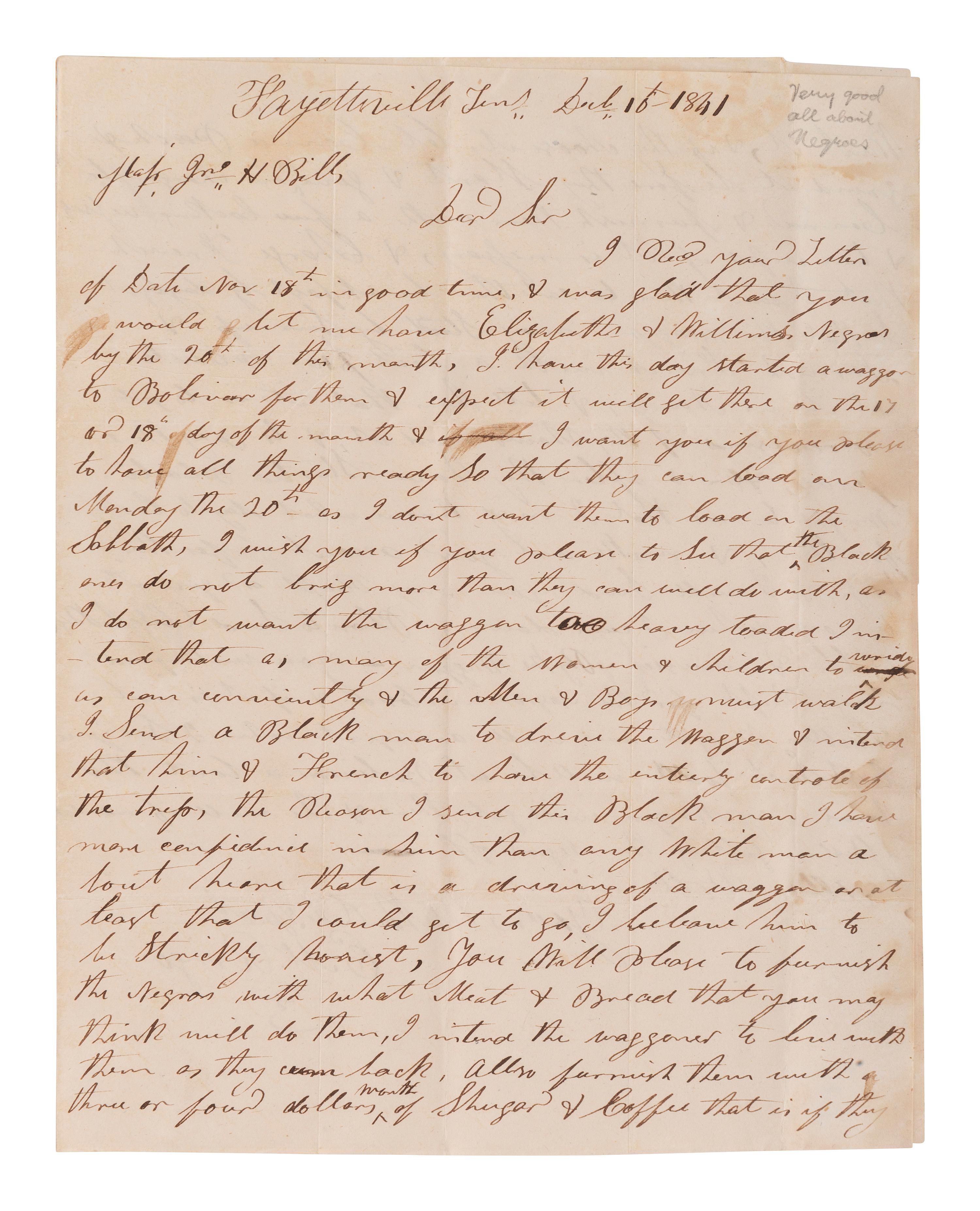 [ENSLAVEMENT]. Letter directing conveyance of slaves via wagon driven by a "Black man." TN, 1841.