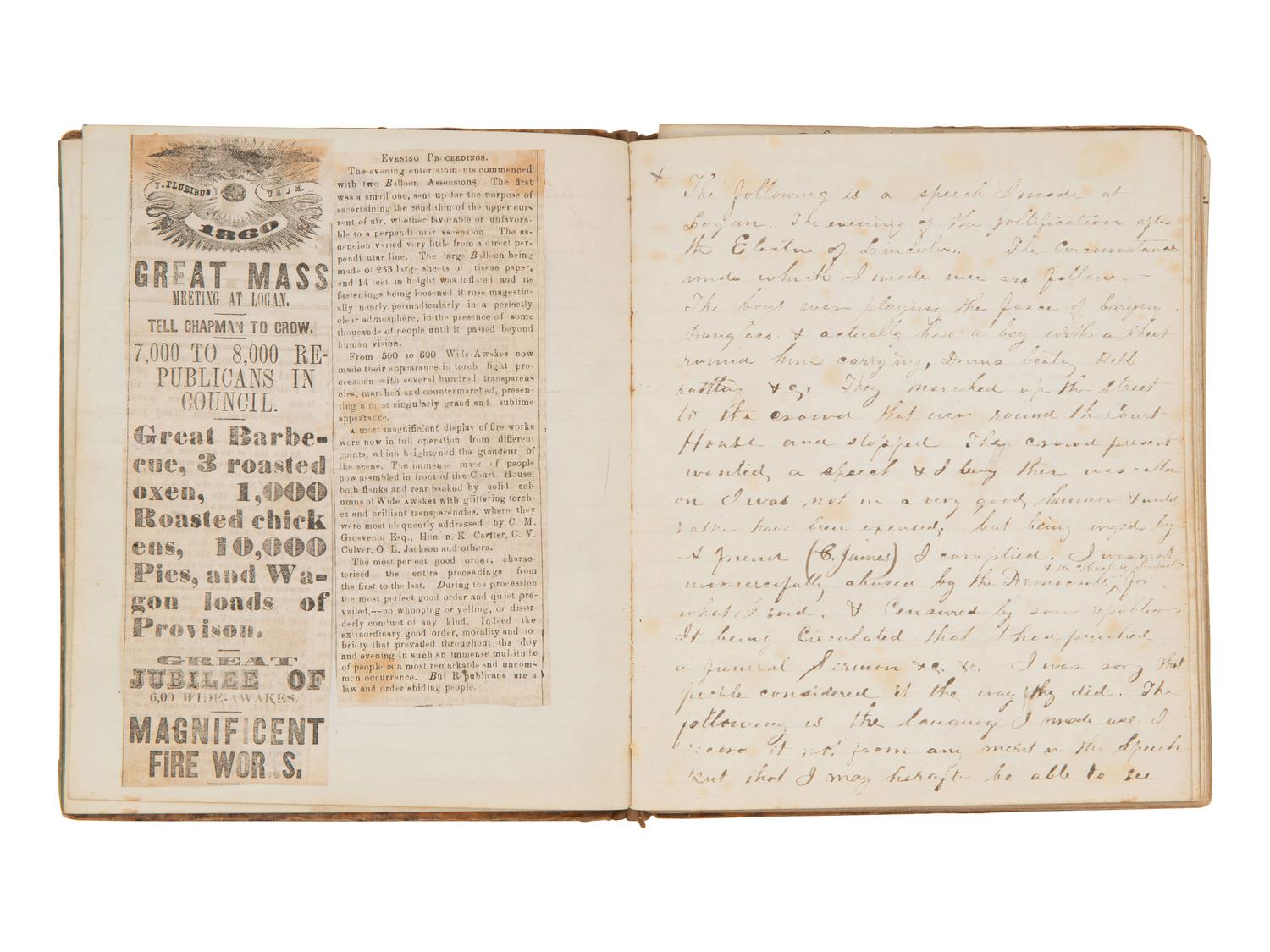 JACKSON, Col. Oscar L. (1840-1920). Five journals, incl. descriptions of Oscar L. Jackson's political activism during the 1860 campaign and his service with 63rd OVI, with campaign broadside noting Jackson as a speaker.