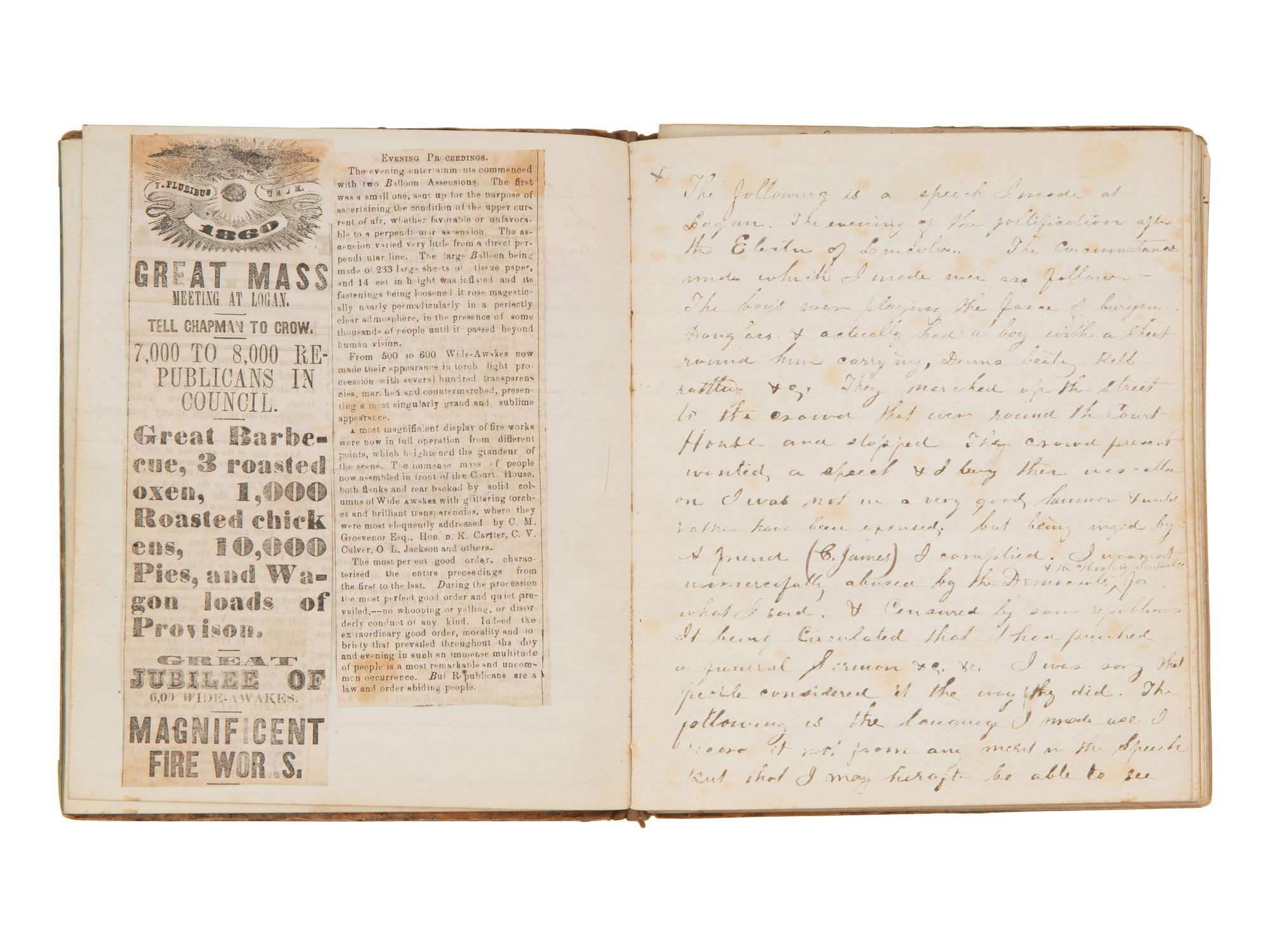 JACKSON, Col. Oscar L. (1840-1920). Five journals, incl. descriptions of Oscar L. Jackson's political activism during the 1860 campaign and his service with 63rd OVI, with campaign broadside noting Jackson as a speaker.