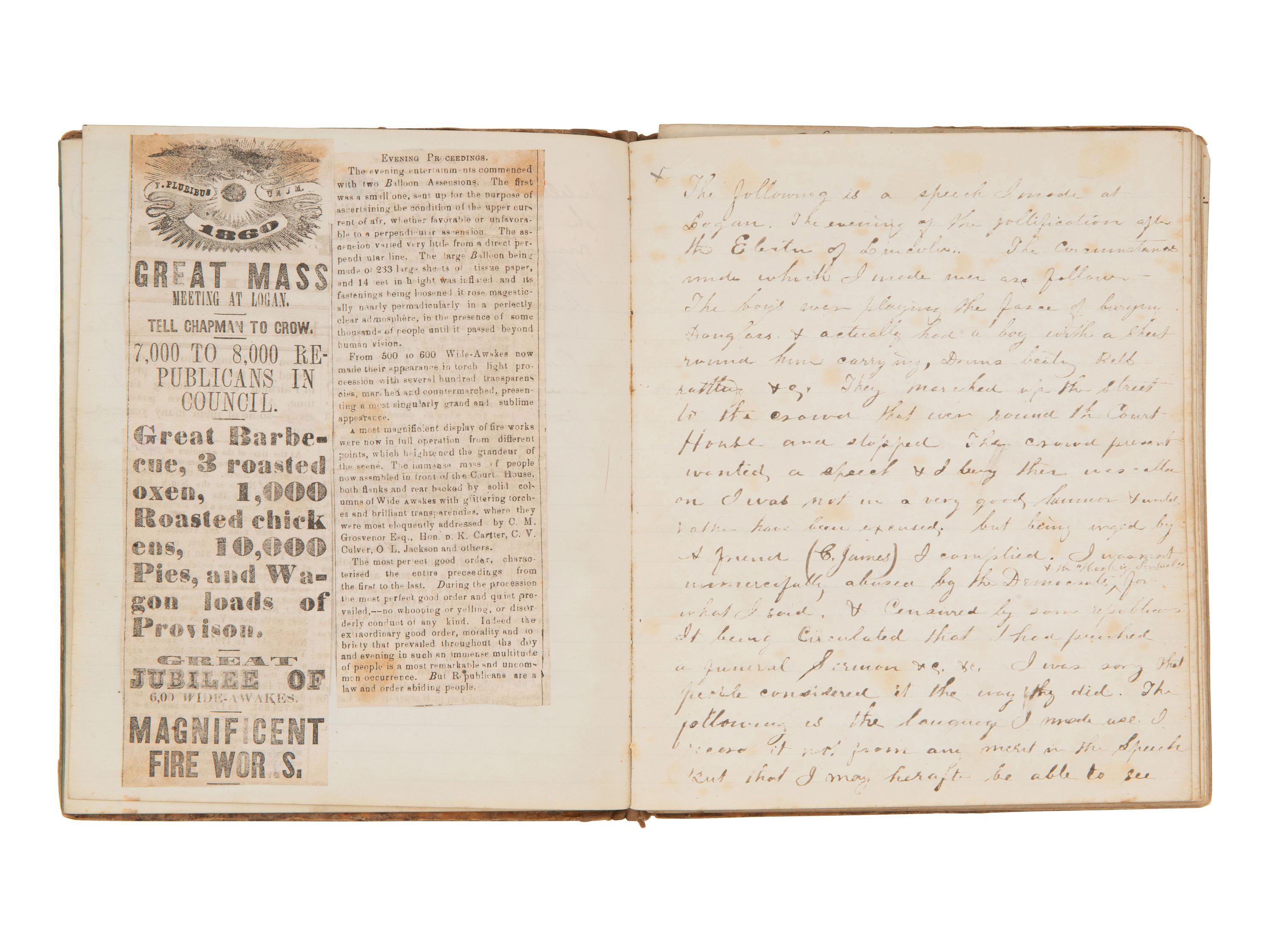 JACKSON, Col. Oscar L. (1840-1920). Five journals, incl. descriptions of Oscar L. Jackson's political activism during the 1860 campaign and his service with 63rd OVI, with campaign broadside noting Jackson as a speaker.