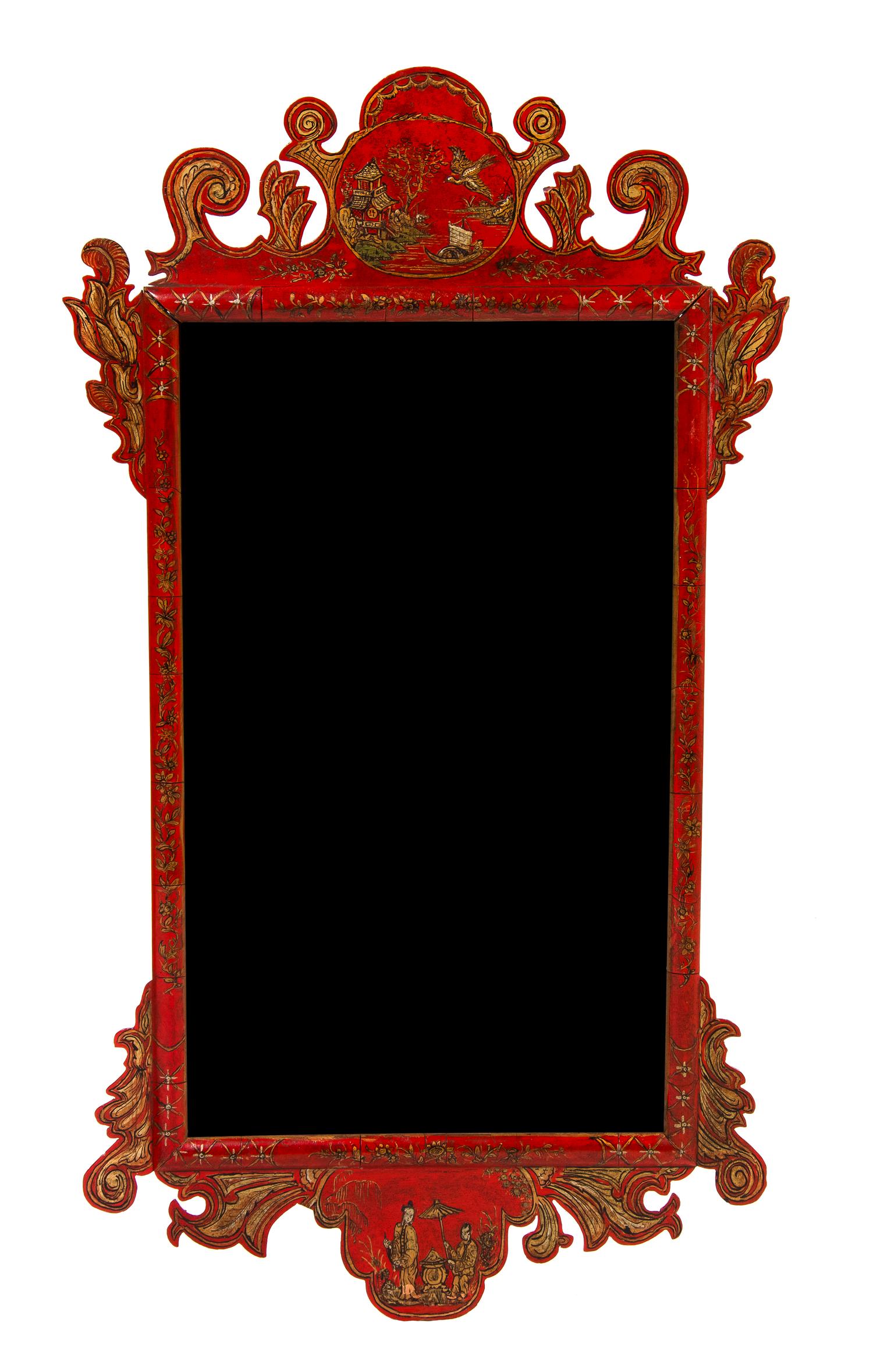 A Georgian Style Lacquered Mirror, Height 35 1/2 x width 20 inches.