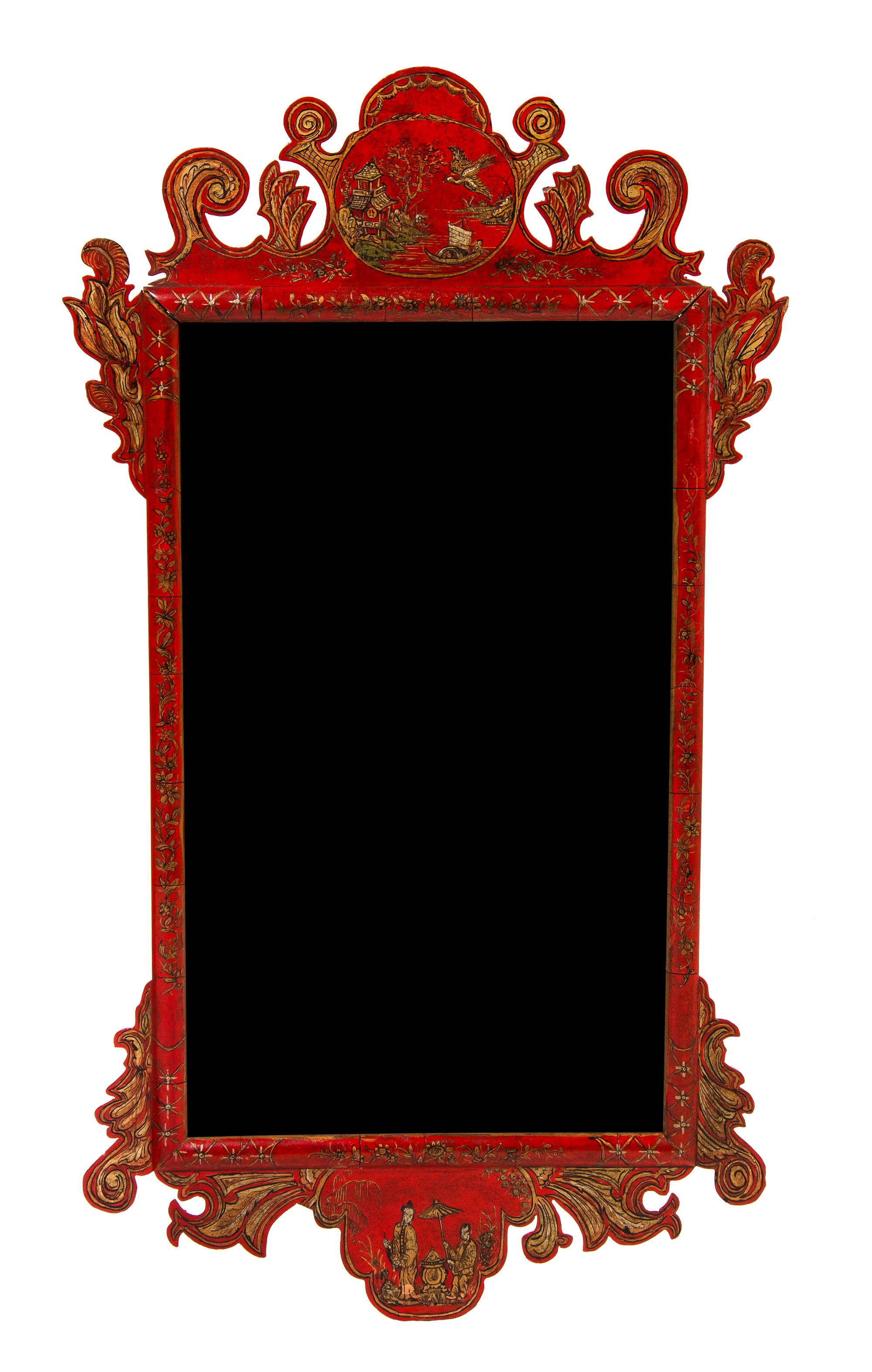 A Georgian Style Lacquered Mirror, Height 35 1/2 x width 20 inches.
