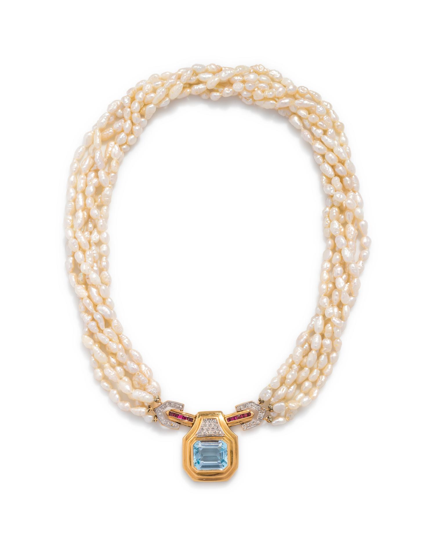 BLUE TOPAZ, DIAMOND, RUBY AND CULTURED PEARL NECKLACE