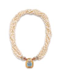 BLUE TOPAZ, DIAMOND, RUBY AND CULTURED PEARL NECKLACE