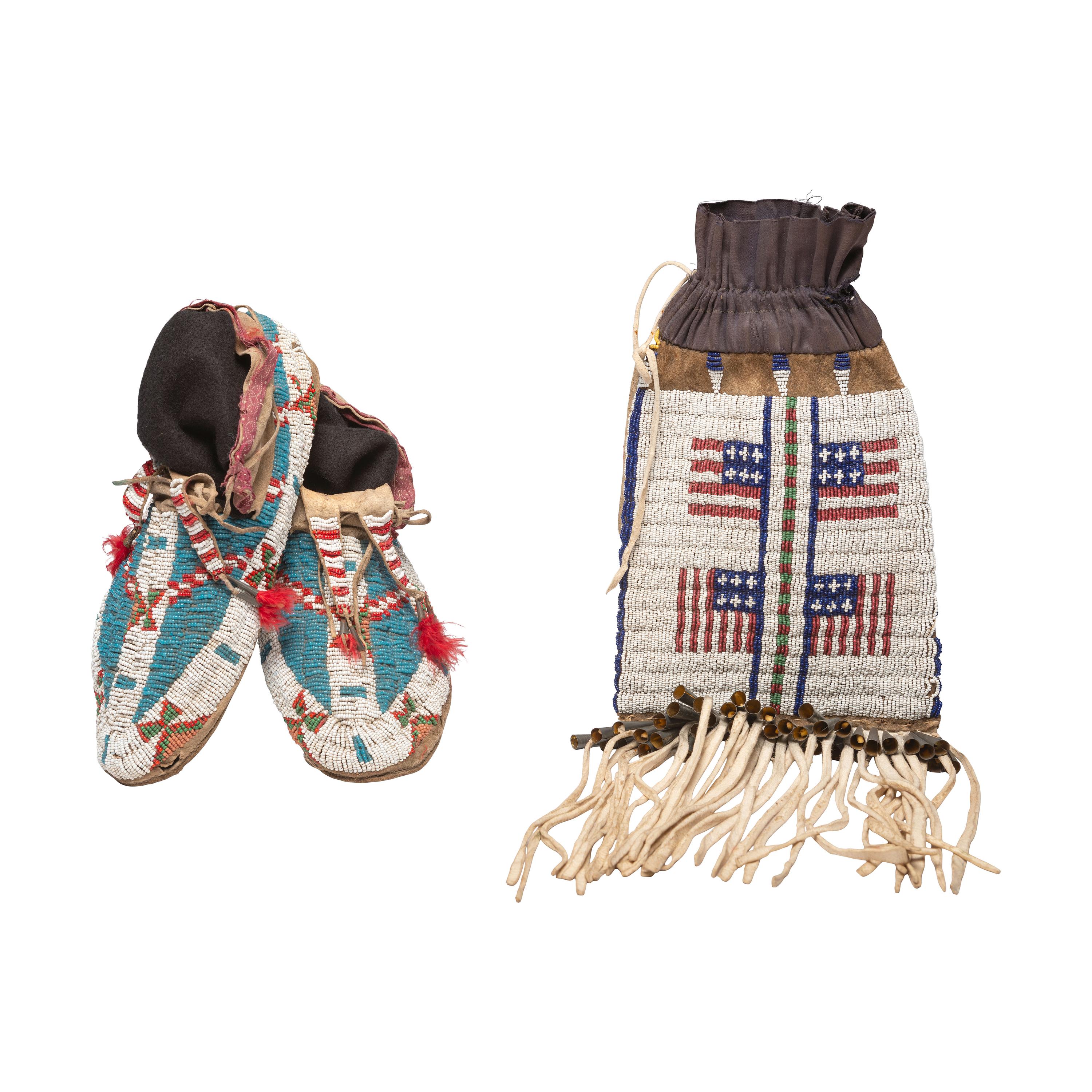 Sioux Beaded Moccasins AND Bag with American Flags