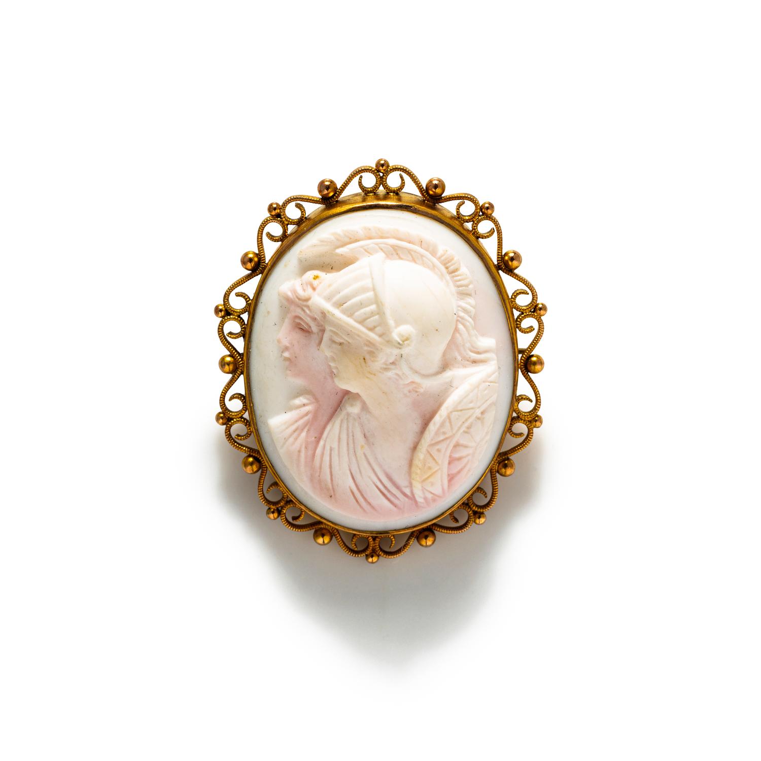 A Neoclassical Gold and Shell Double Headed Cameo Brooch with the Goddesses Athena and Hera