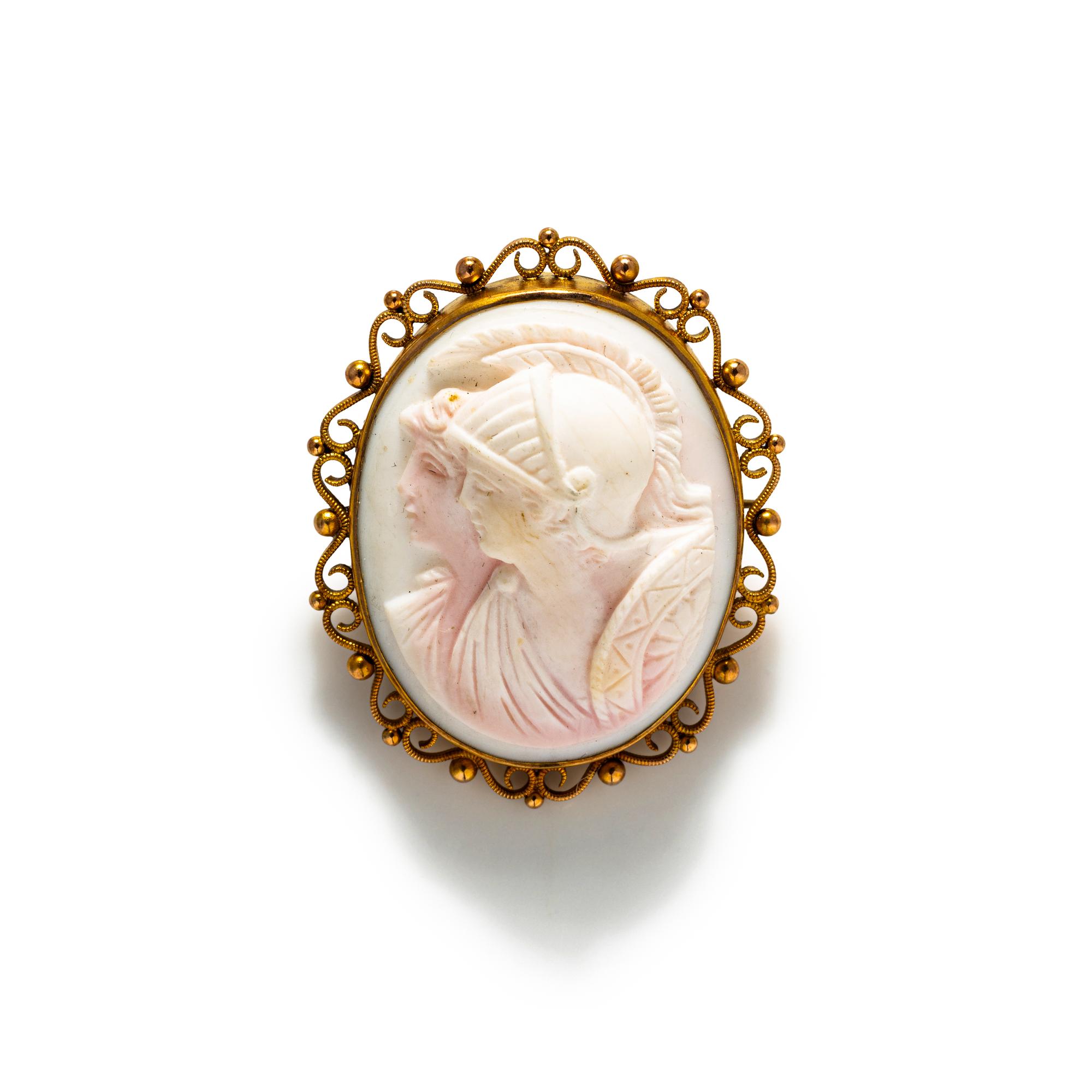 A Neoclassical Gold and Shell Double Headed Cameo Brooch with the Goddesses Athena and Hera