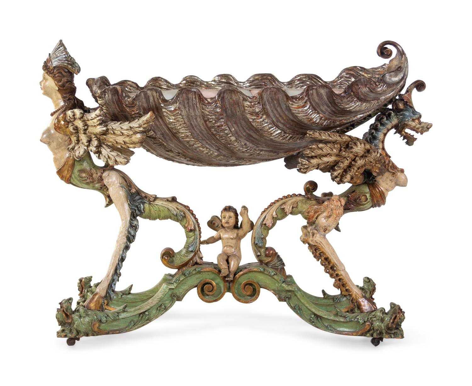 A Venetian Figural Carved and Polychrome Decorated Wood Cradle