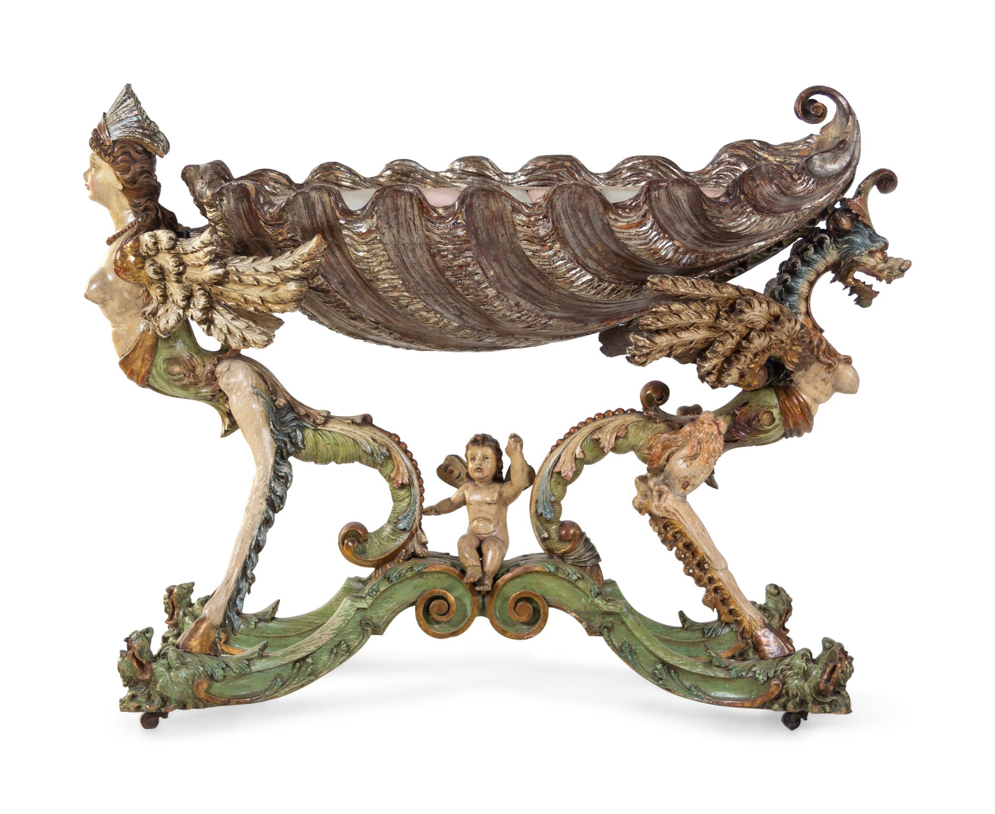 A Venetian Figural Carved and Polychrome Decorated Wood Cradle