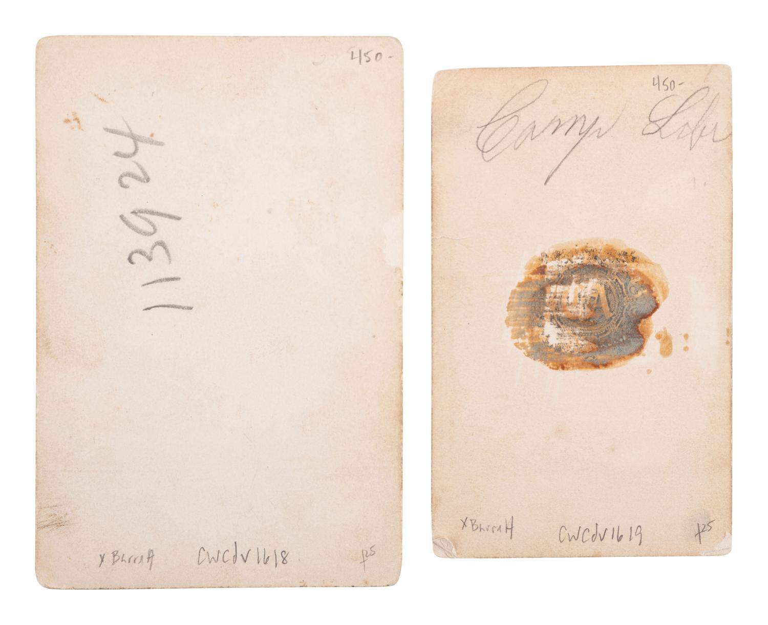 [CIVIL WAR]. 2 CDVs of Civil War artillery and camp life.