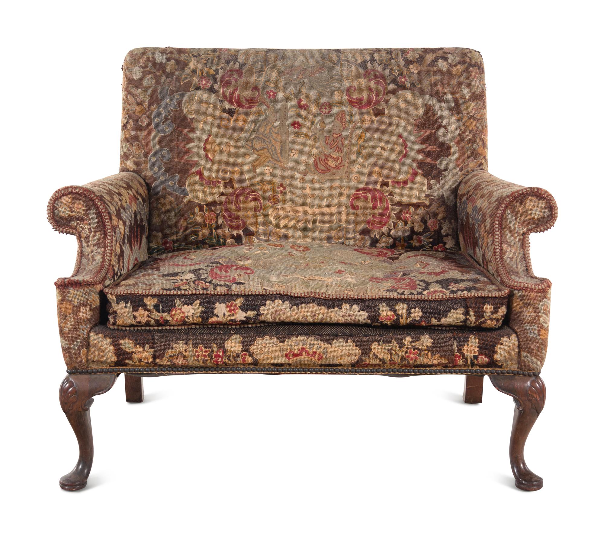 A George II Style Needlepoint-Upholstered Mahogany Settee