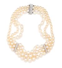 A White Gold, Diamond and Cultured Pearl Triple Strand Necklace,